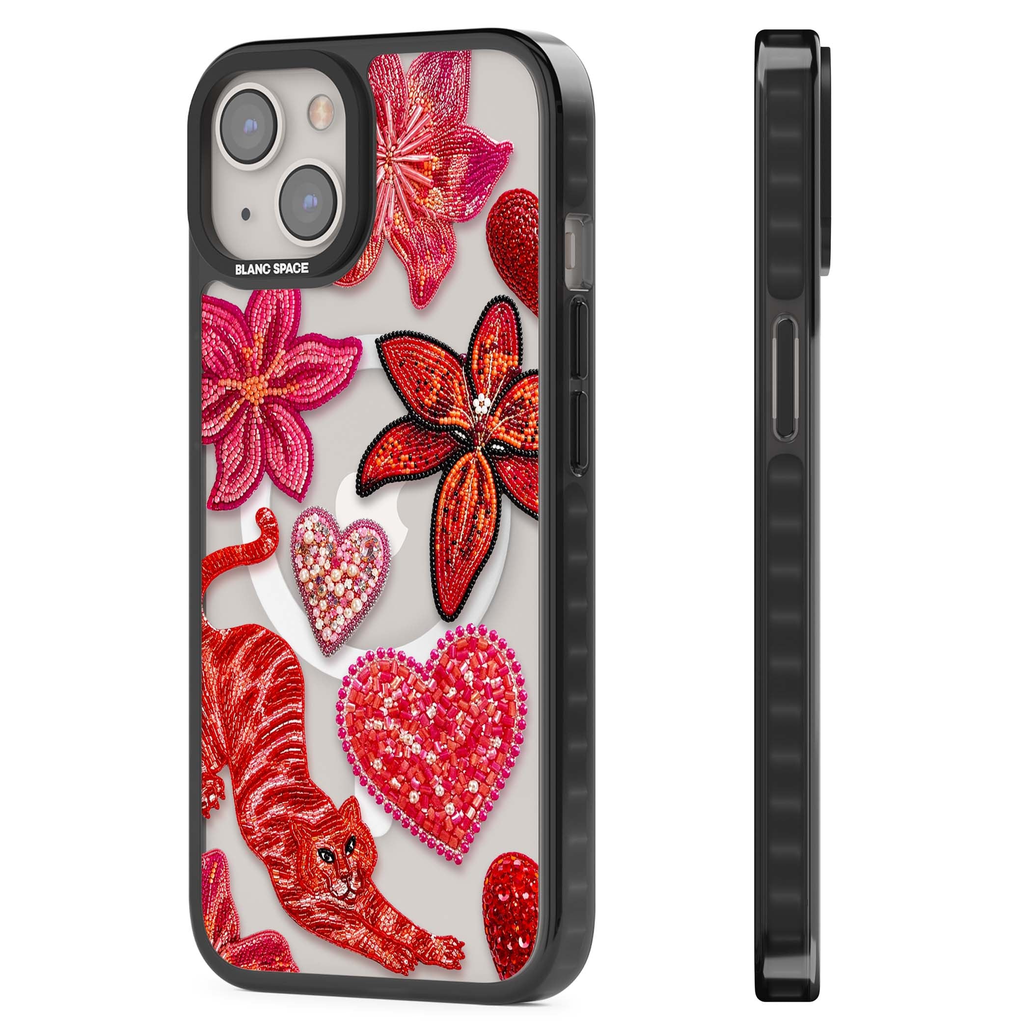 Beaded Boho floral iPhone case featuring beaded red lilies, a stitched tiger, and pearl-encrusted hearts on clear | Black Impact Magsafe case for iPhone 13, iPhone 14, iPhone 15