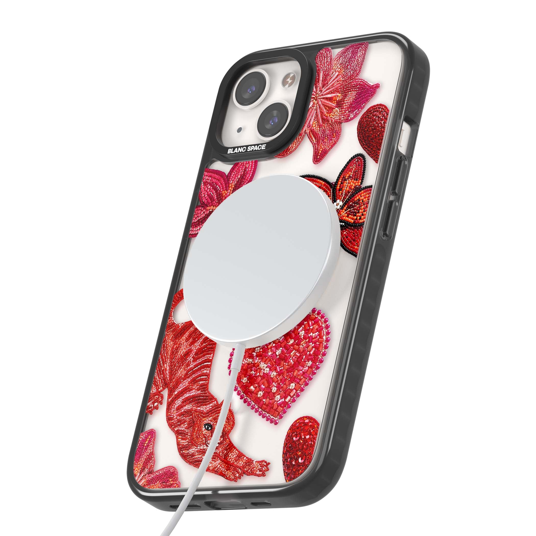 Beaded Boho floral iPhone case featuring beaded red lilies, a stitched tiger, and pearl-encrusted hearts on clear | Black Impact Magsafe case for iPhone 13, iPhone 14, iPhone 15