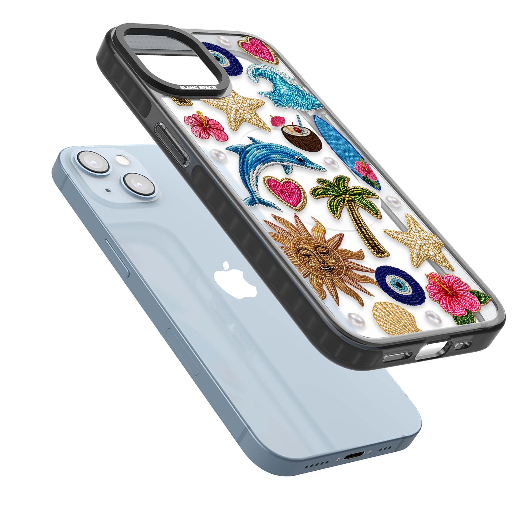 Beaded Beach coastal summer iPhone case featuring embroidered evil eye, hibiscus flowers, dolphin and palm tree patches | Black Impact Magsafe case for iPhone 13, iPhone 14, iPhone 15