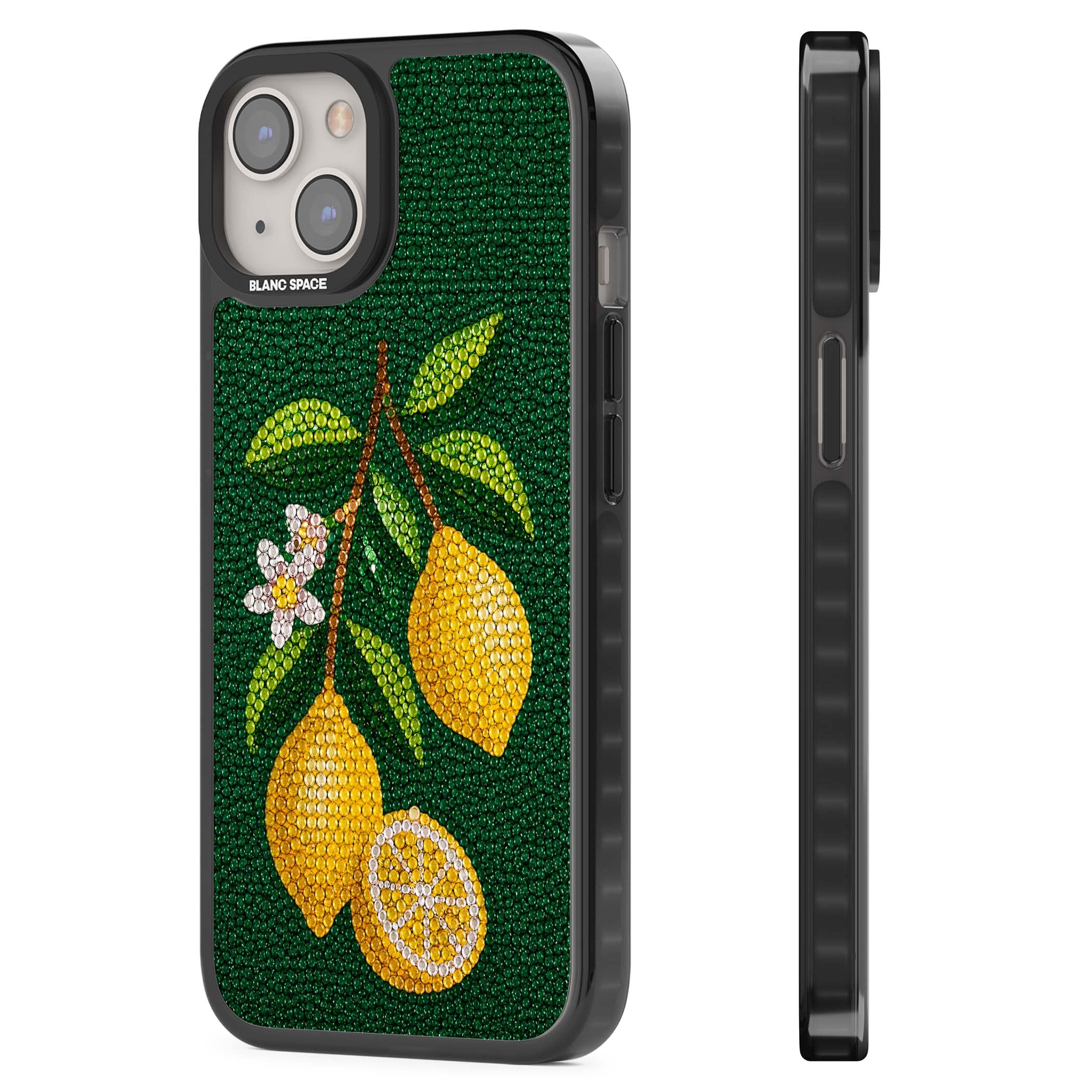Beaded Lemons coastal iPhone case featuring crystal-beaded lemons, citrus blossom and green leaves on emerald ground | Black Impact Magsafe case for iPhone 13, iPhone 14, iPhone 15