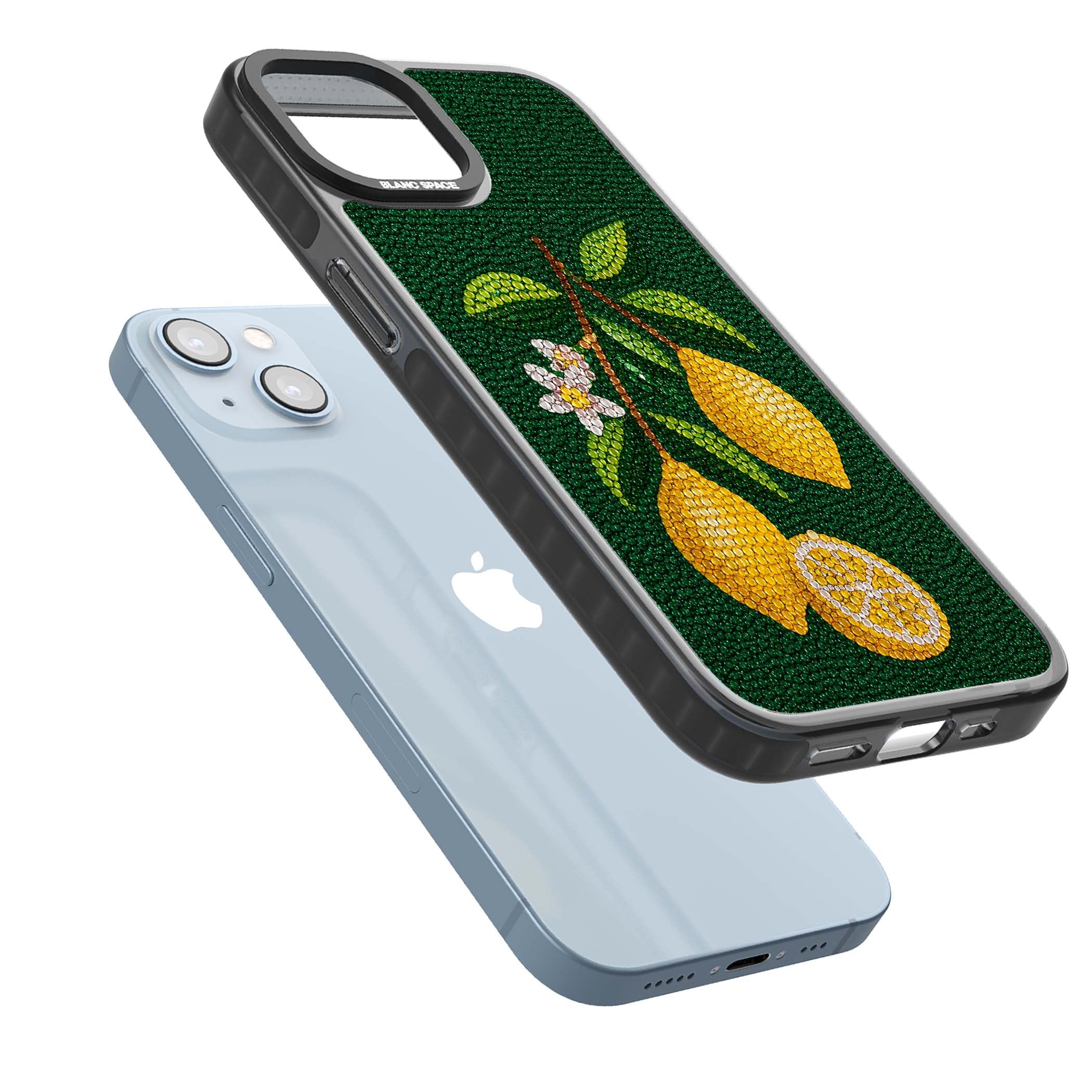 Beaded Lemons coastal iPhone case featuring crystal-beaded lemons, citrus blossom and green leaves on emerald ground | Black Impact Magsafe case for iPhone 13, iPhone 14, iPhone 15
