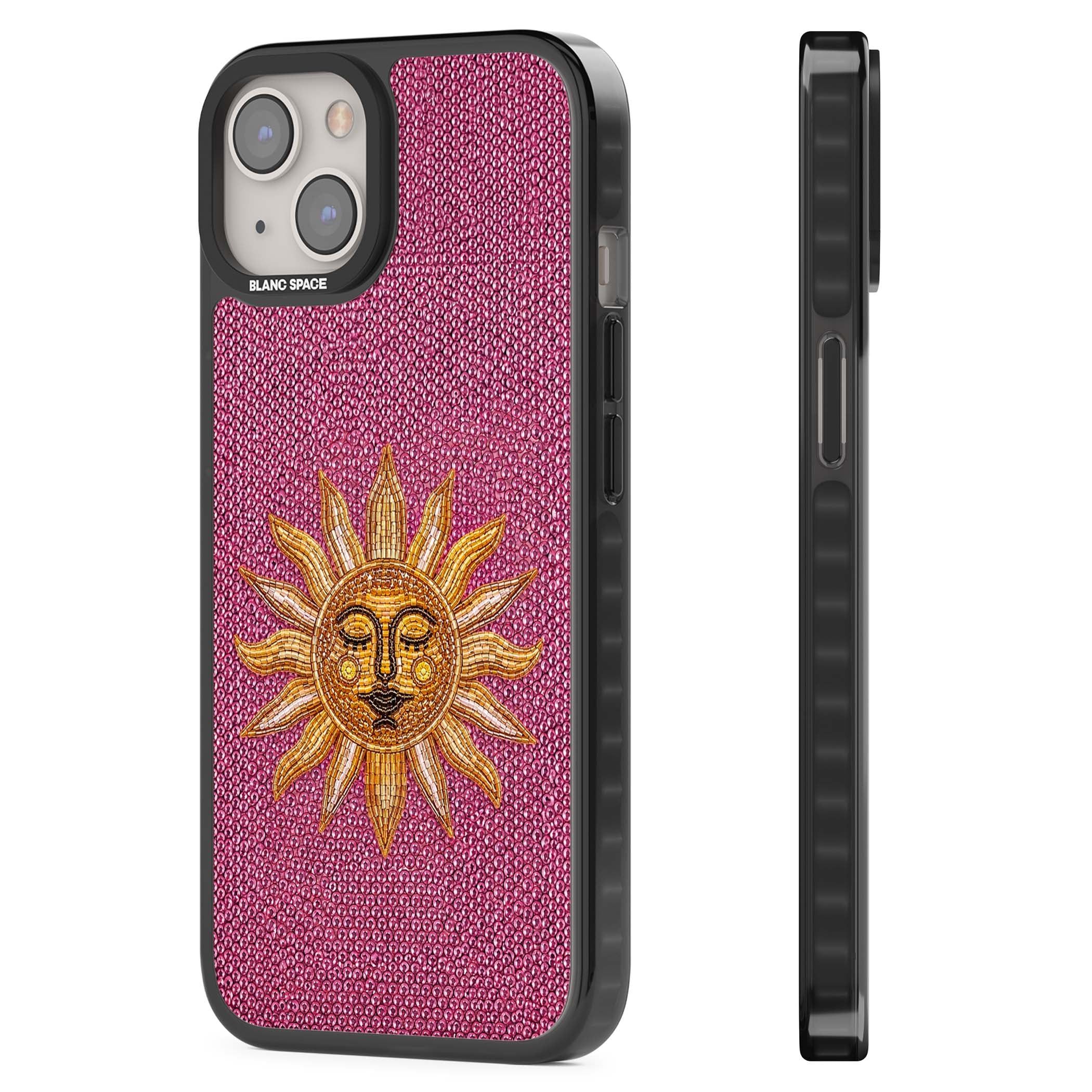 Beaded Sun celestial iPhone case featuring a golden beaded sun face with radiant rays on hot pink beaded background | Black Impact Magsafe case for iPhone 13, iPhone 14, iPhone 15
