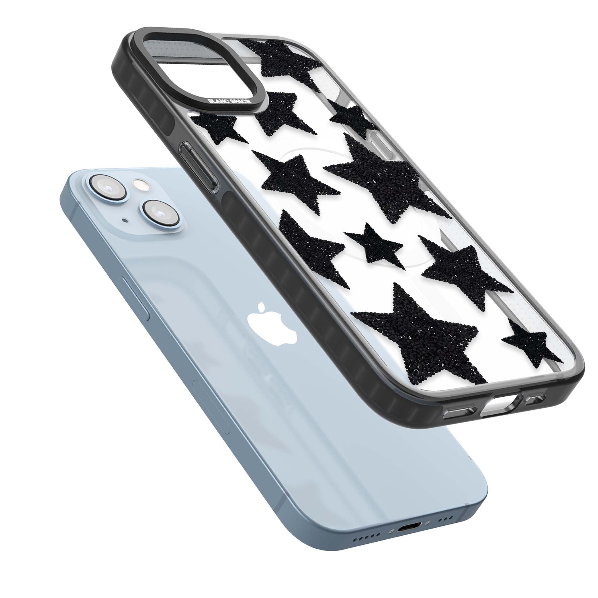 Beaded Black Stars celestial iPhone case featuring black glitter beaded stars scattered on a clear background | Black Impact Magsafe case for iPhone 13, iPhone 14, iPhone 15