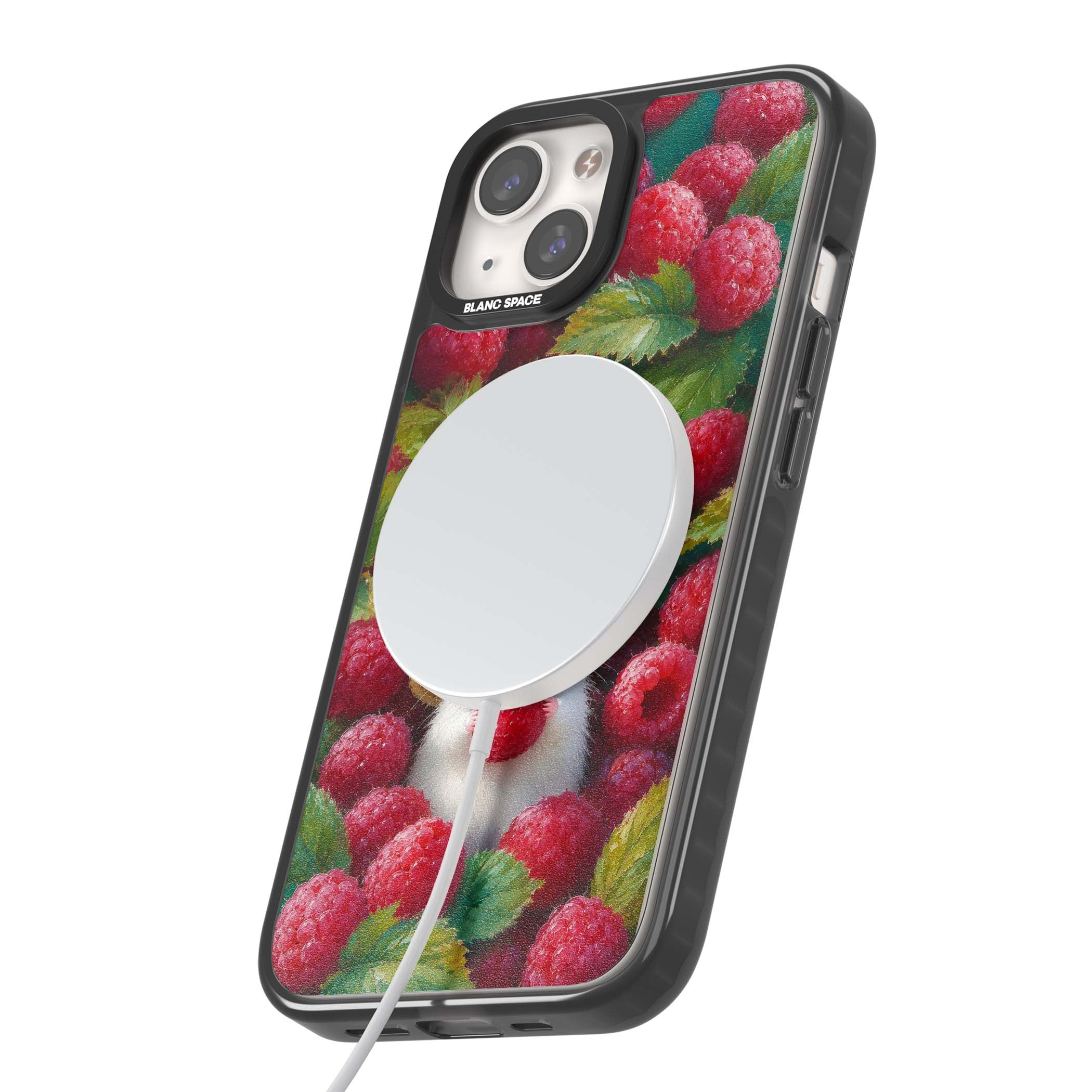 Berry Forager cottagecore iPhone case featuring a white hamster in a straw hat holding a raspberry surrounded by ripe ber | Black Impact Magsafe case for iPhone 13, iPhone 14, iPhone 15