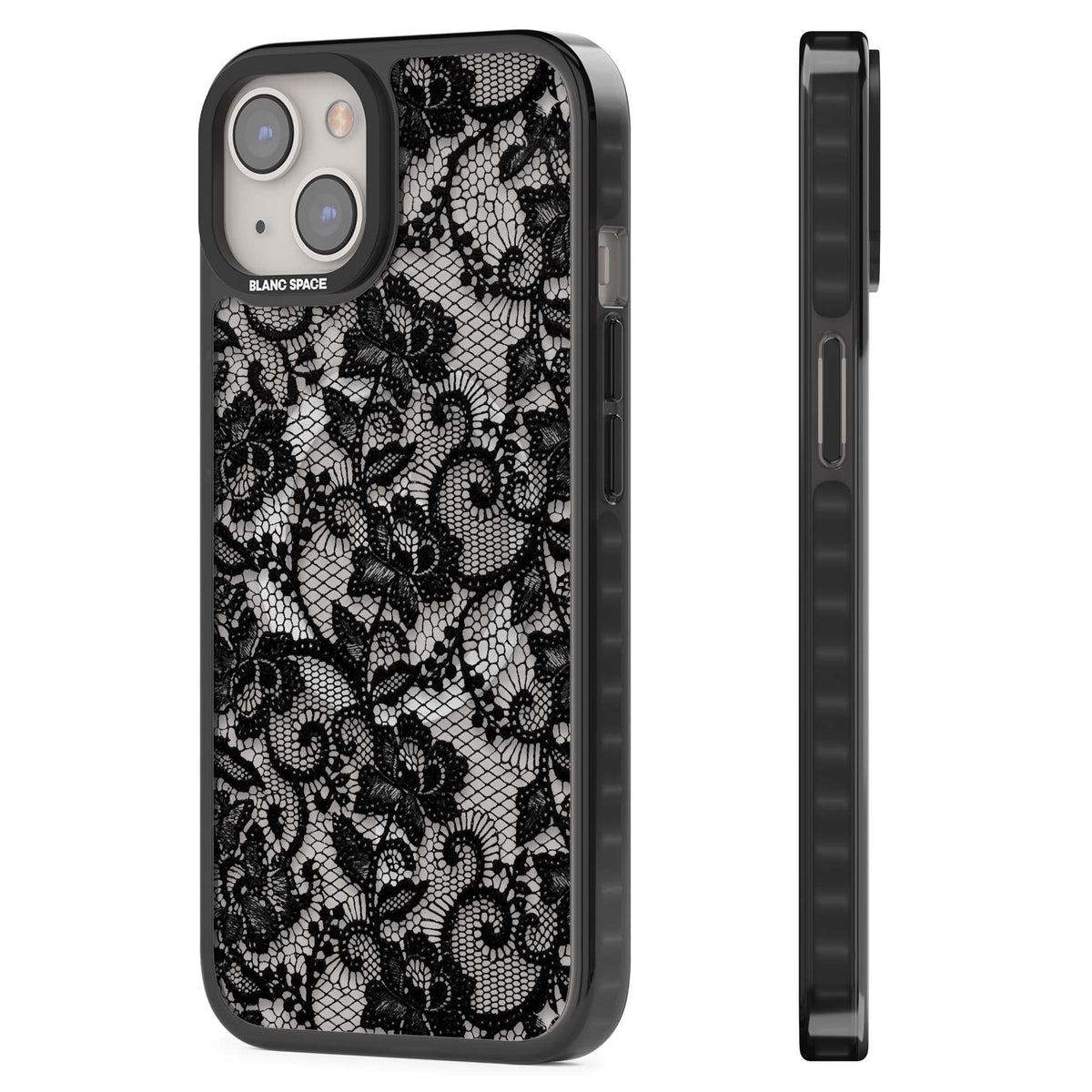 Black Lace gothic iPhone case featuring intricate black floral lace pattern with vintage whimsigoth detail | Black Impact Magsafe case for iPhone 13, iPhone 14, iPhone 15