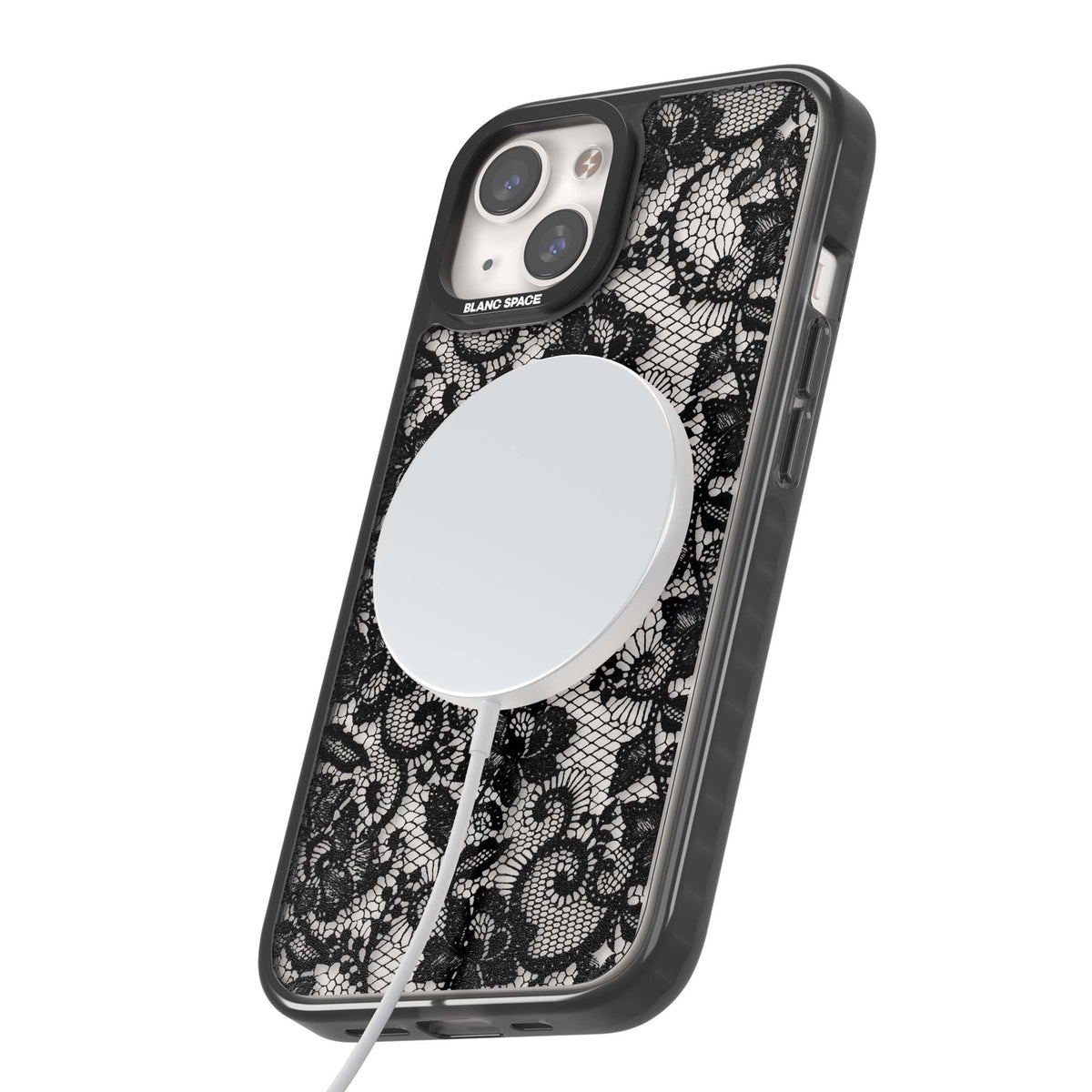 Black Lace gothic iPhone case featuring intricate black floral lace pattern with vintage whimsigoth detail | Black Impact Magsafe case for iPhone 13, iPhone 14, iPhone 15
