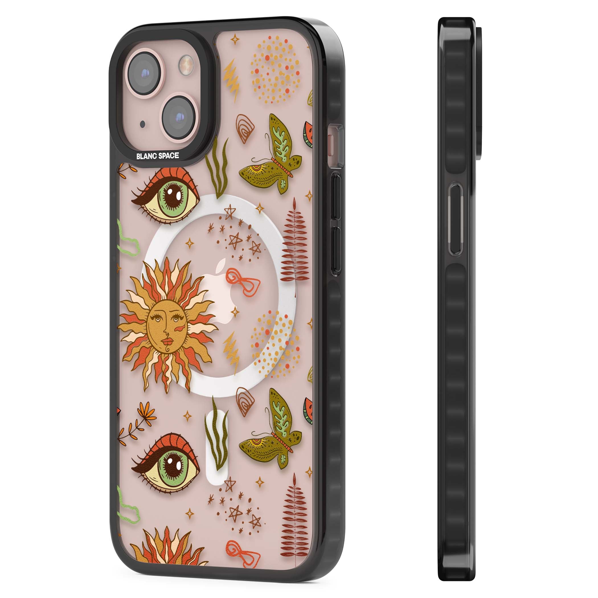 Elevate Your Phone'S Style With This Boho Celestial Sun & Eye Phone Case, Featuring A Mystical Blend Of Suns, All-Seeing Eyes, Butterflies, Stars, And