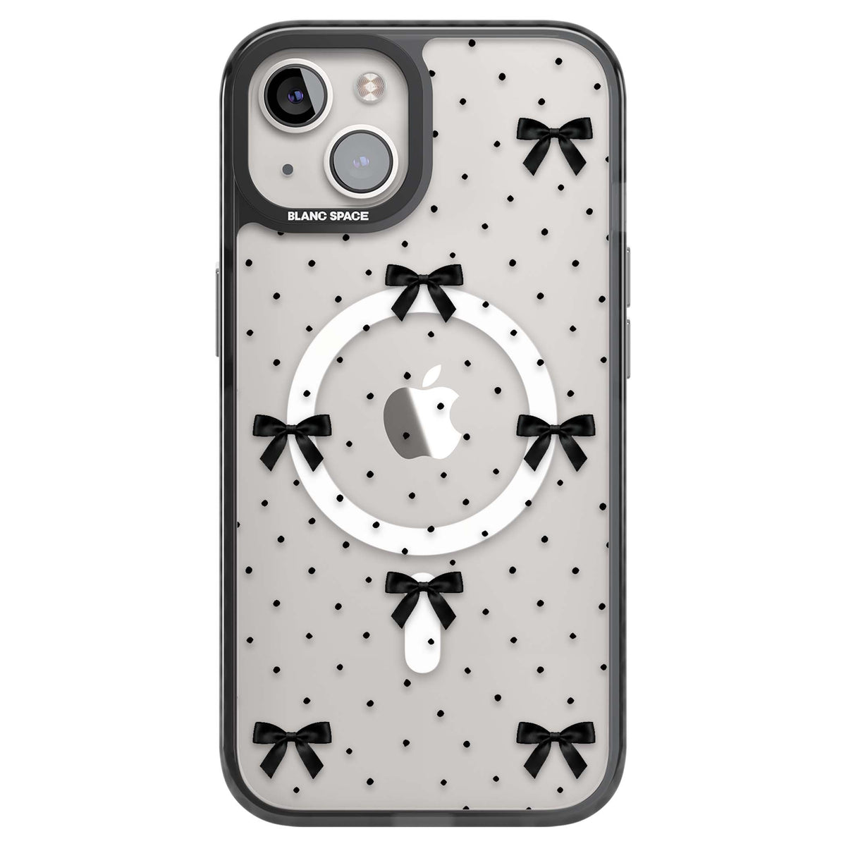 Black Polka Bows coquette iPhone case featuring scattered black satin bows and tiny polka dots on a clear base | Black Impact Magsafe case for iPhone 13, iPhone 14, iPhone 15