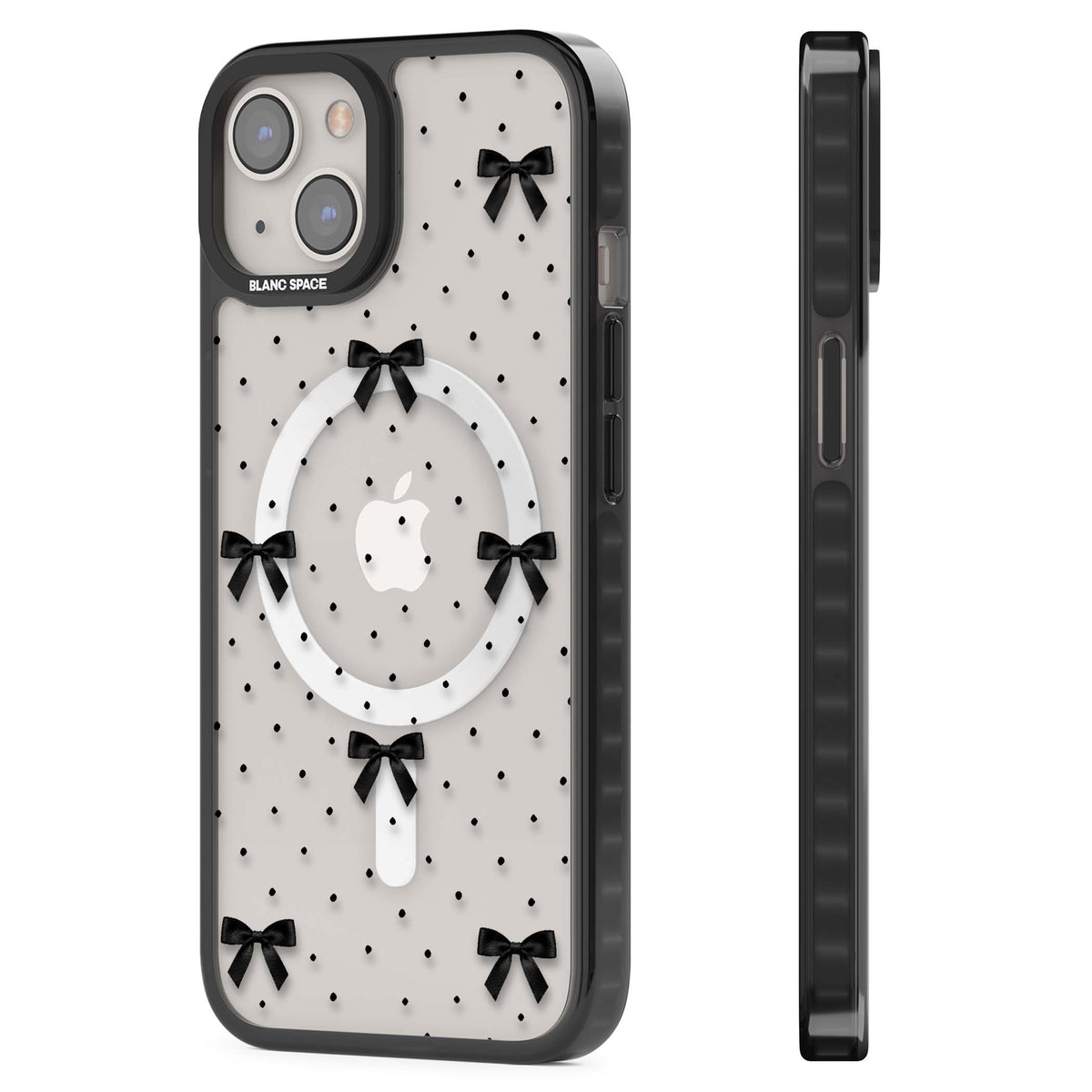 Black Polka Bows coquette iPhone case featuring scattered black satin bows and tiny polka dots on a clear base | Black Impact Magsafe case for iPhone 13, iPhone 14, iPhone 15