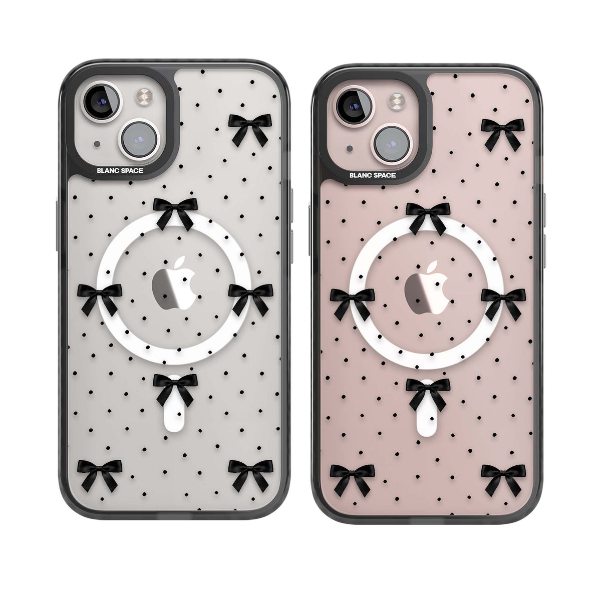 Black Polka Bows coquette iPhone case featuring scattered black satin bows and tiny polka dots on a clear base | Black Impact Magsafe case for iPhone 13, iPhone 14, iPhone 15