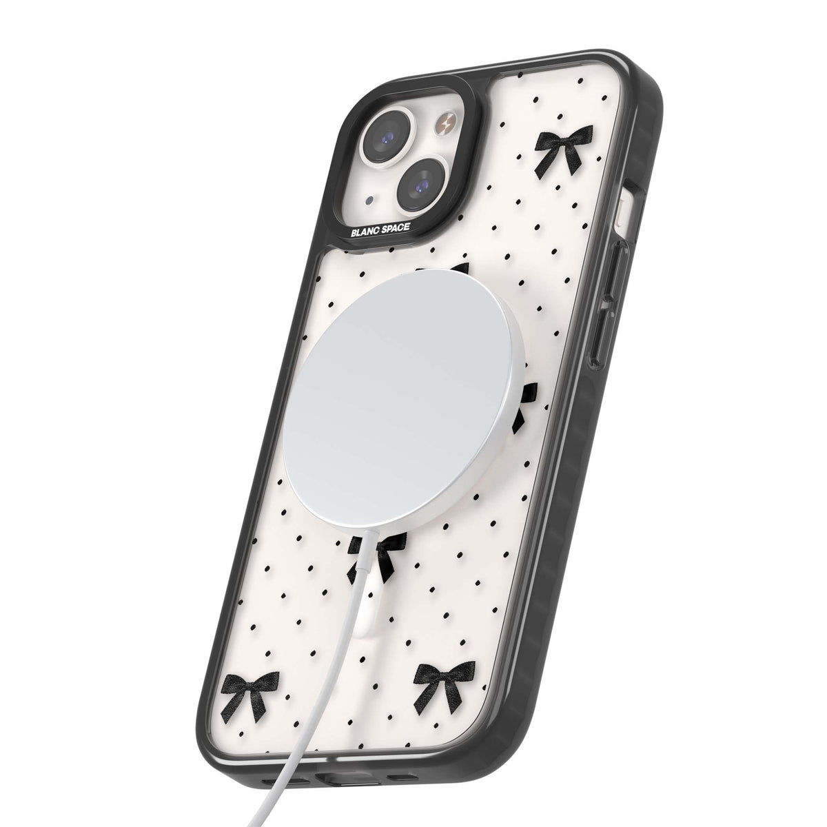 Black Polka Bows coquette iPhone case featuring scattered black satin bows and tiny polka dots on a clear base | Black Impact Magsafe case for iPhone 13, iPhone 14, iPhone 15
