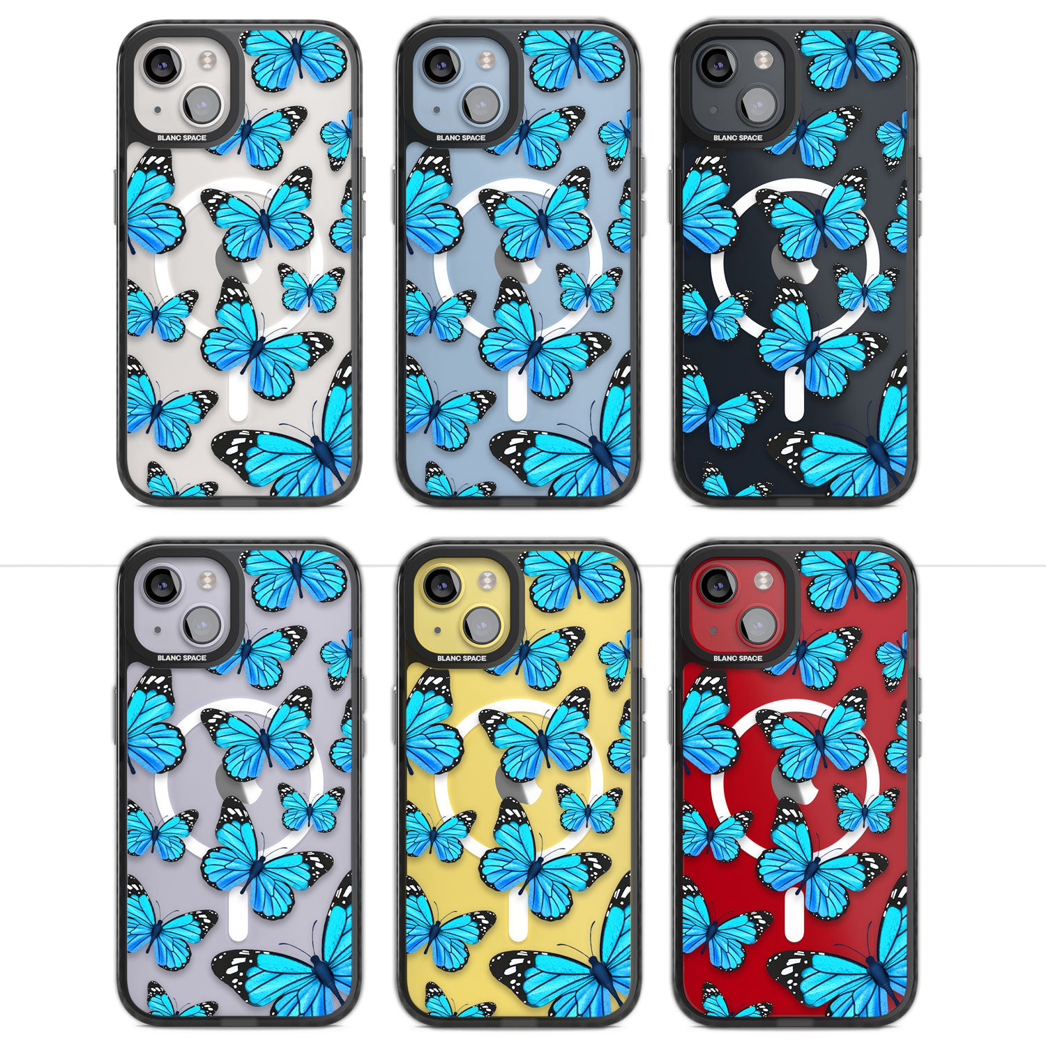 Blue Butterflies Magsafe Black Impact Phone Case for iPhone 13, iPhone 14, iPhone 15
