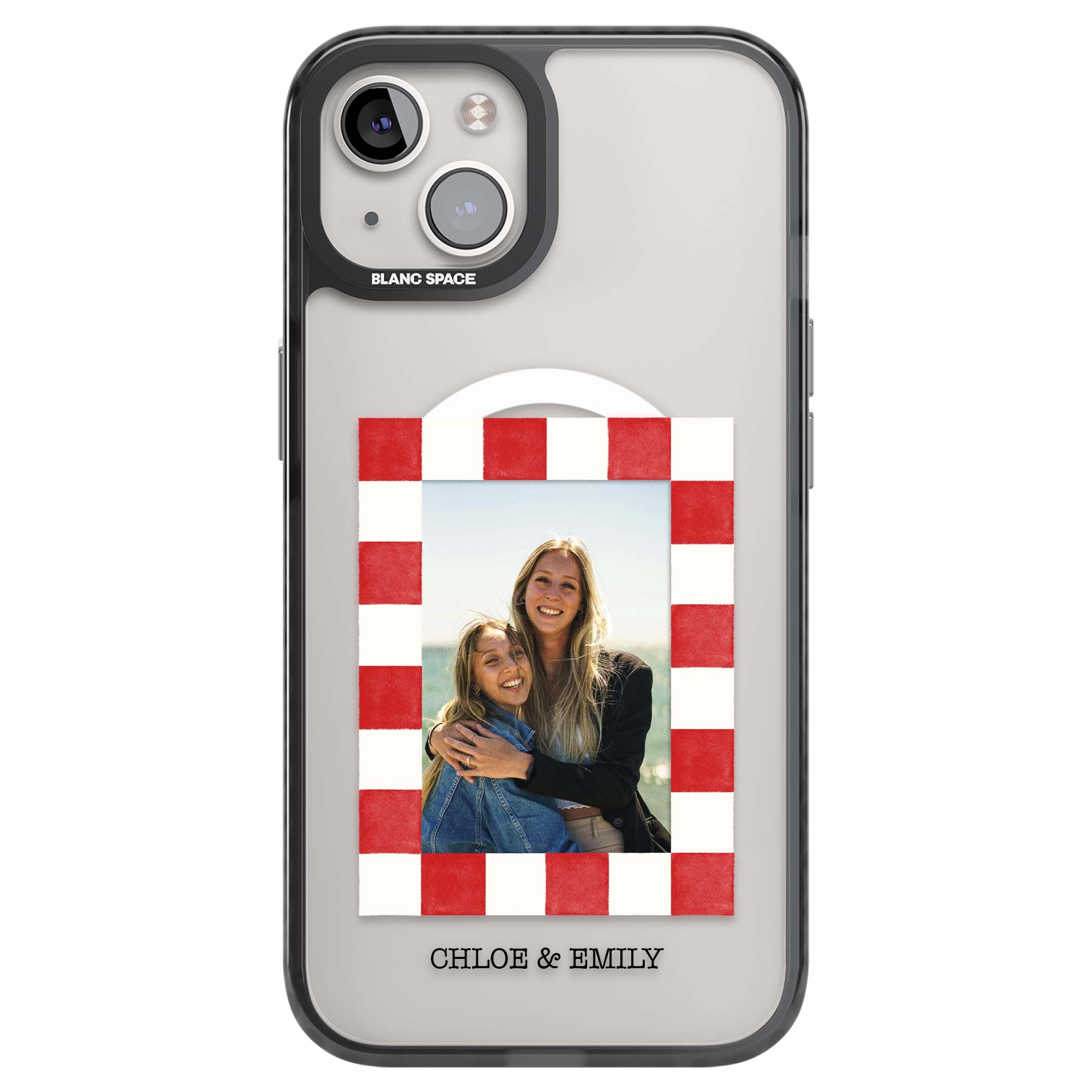 Red Check Photo personalised photo iPhone case with red and white checkered polaroid frame and custom couple name | Black Impact Magsafe case for iPhone 13, iPhone 14, iPhone 15