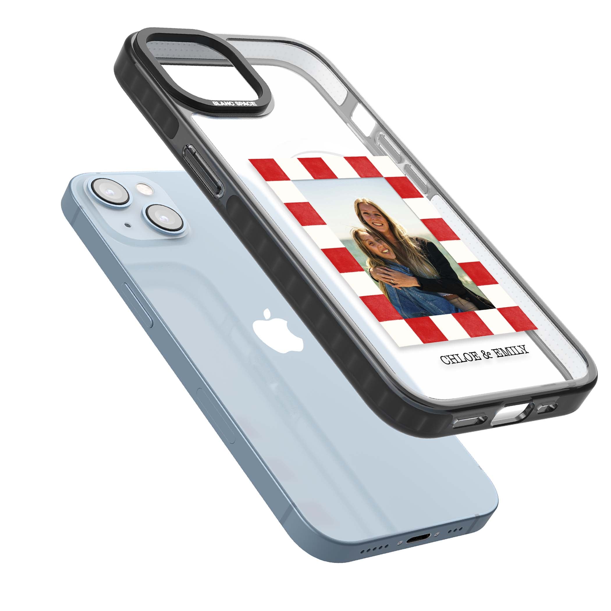 Red Check Photo personalised photo iPhone case with red and white checkered polaroid frame and custom couple name | Black Impact Magsafe case for iPhone 13, iPhone 14, iPhone 15