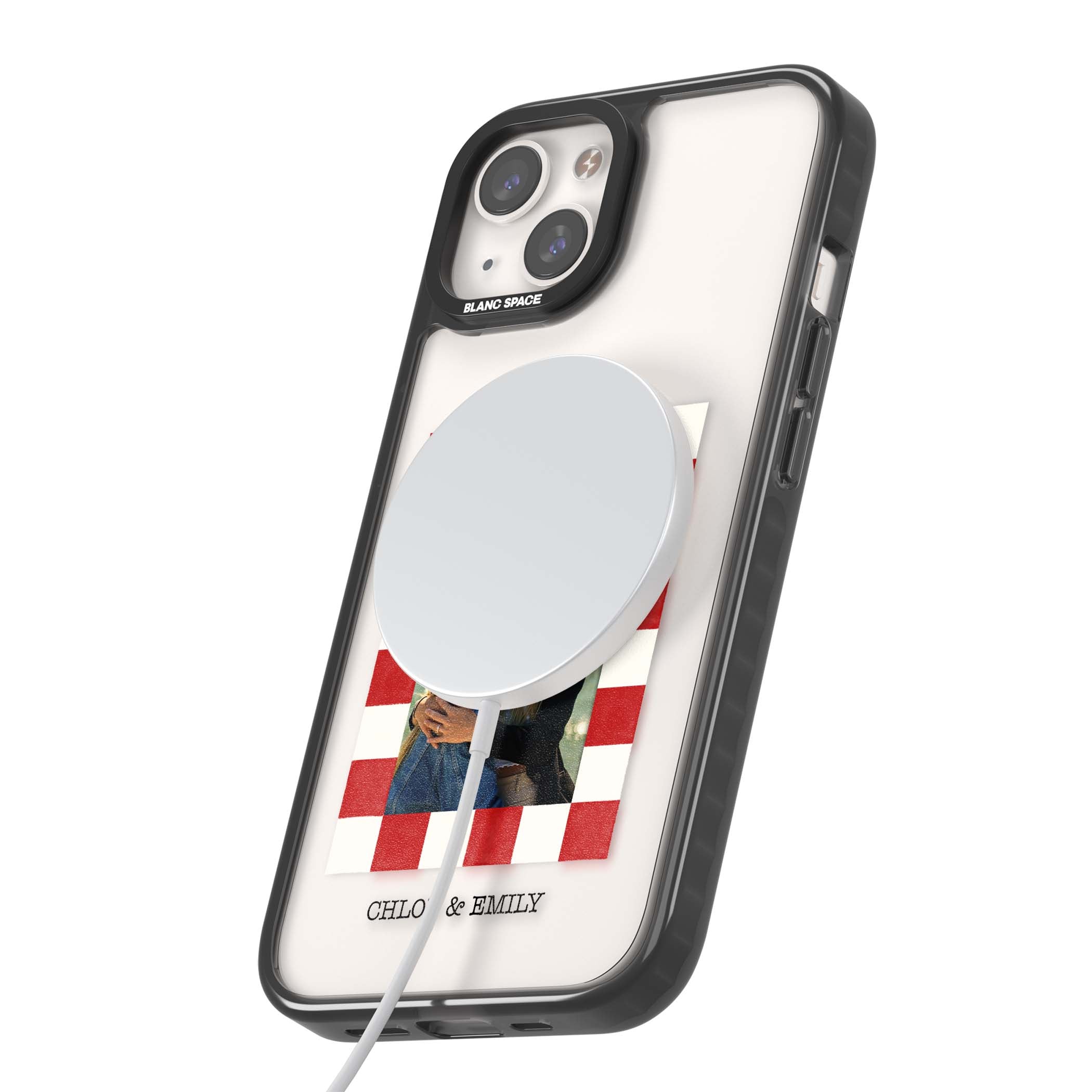 Red Check Photo personalised photo iPhone case with red and white checkered polaroid frame and custom couple name | Black Impact Magsafe case for iPhone 13, iPhone 14, iPhone 15