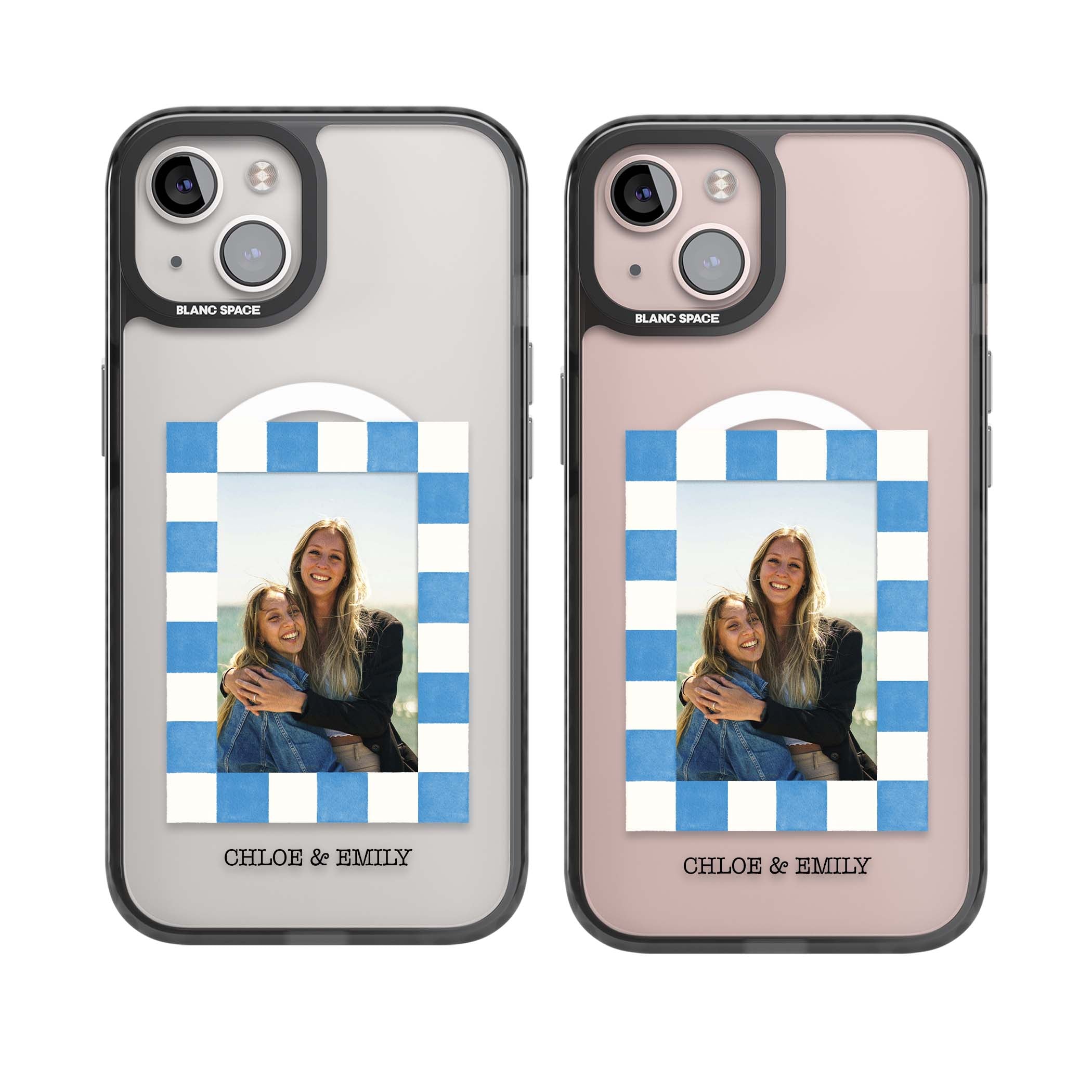 Blue Check Photo personalised photo iPhone case with blue checkered frame and custom couple names | Black Impact Magsafe case for iPhone 13, iPhone 14, iPhone 15