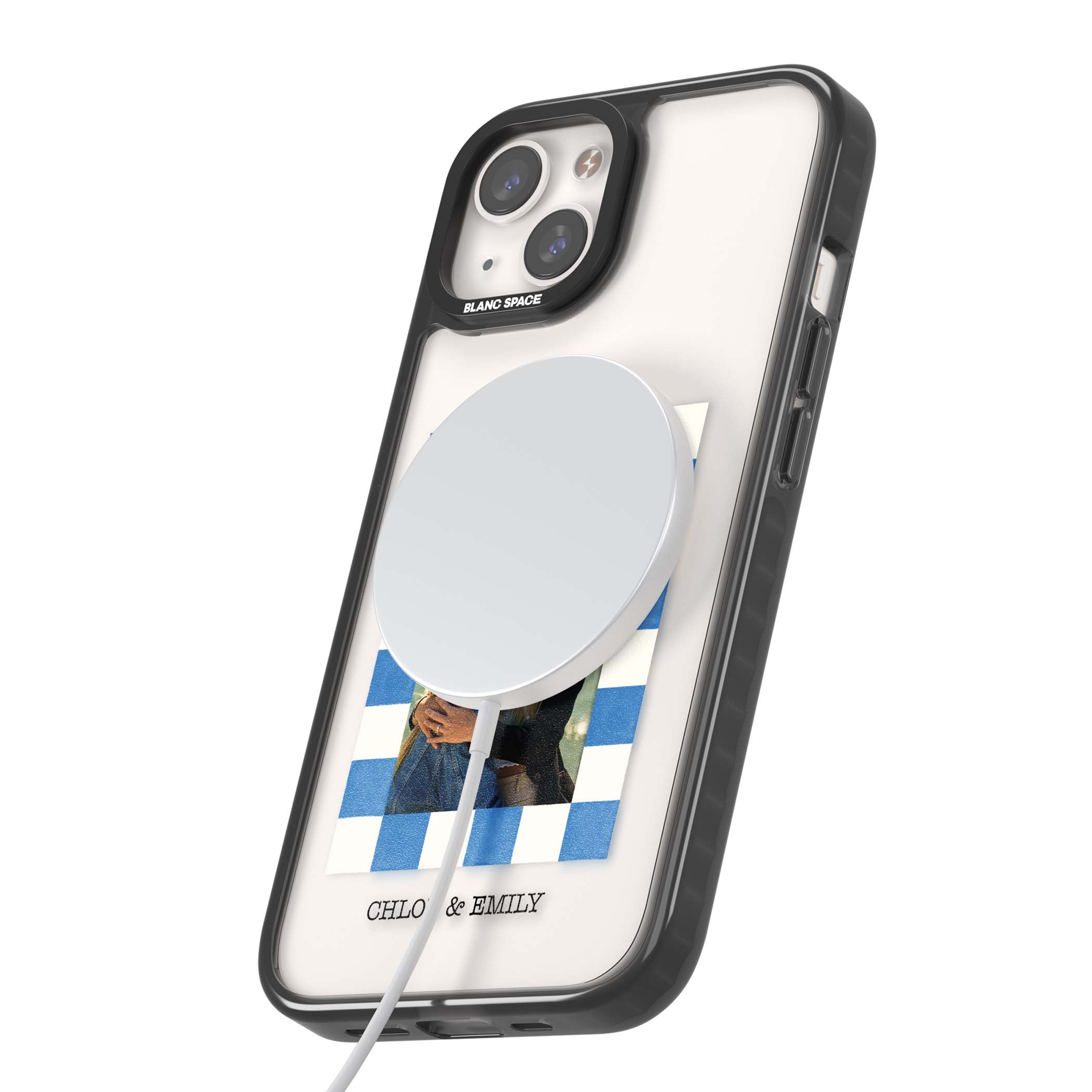 Blue Check Photo personalised photo iPhone case with blue checkered frame and custom couple names | Black Impact Magsafe case for iPhone 13, iPhone 14, iPhone 15