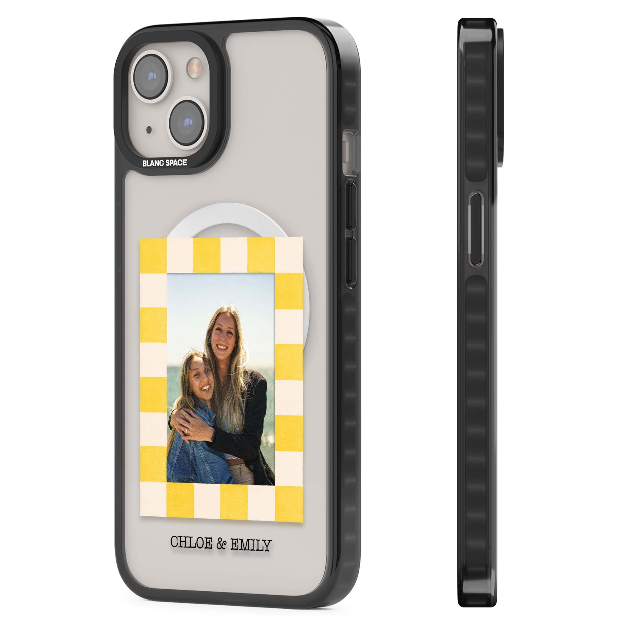 Yellow Check Photo personalised iPhone case with yellow checkered Polaroid frame and custom names beneath | Black Impact Magsafe case for iPhone 13, iPhone 14, iPhone 15