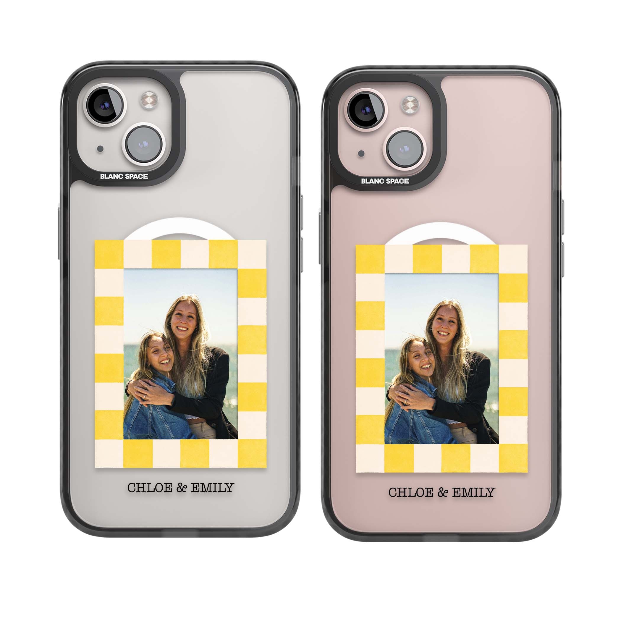Yellow Check Photo personalised iPhone case with yellow checkered Polaroid frame and custom names beneath | Black Impact Magsafe case for iPhone 13, iPhone 14, iPhone 15