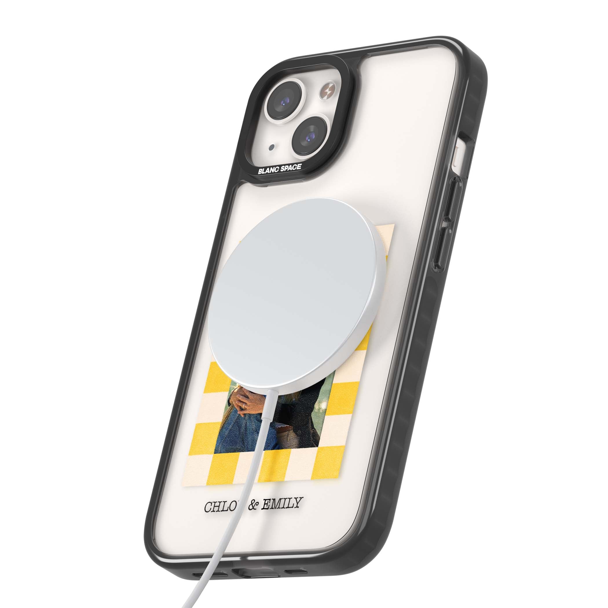 Yellow Check Photo personalised iPhone case with yellow checkered Polaroid frame and custom names beneath | Black Impact Magsafe case for iPhone 13, iPhone 14, iPhone 15