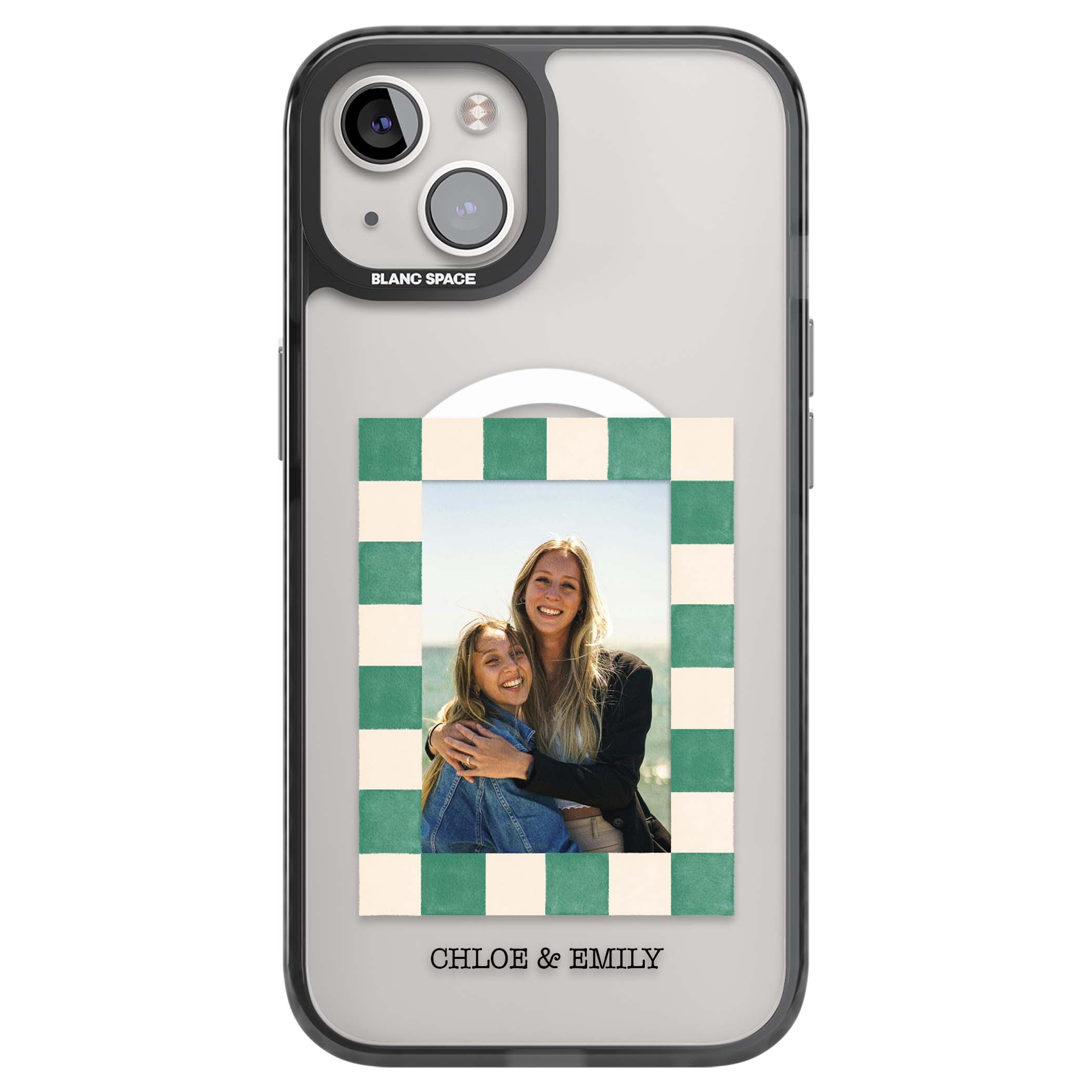 Seafoam Check Photo personalised iPhone case featuring a custom polaroid photo, green and cream checkered frame, and custom n | Black Impact Magsafe case for iPhone 13, iPhone 14, iPhone 15