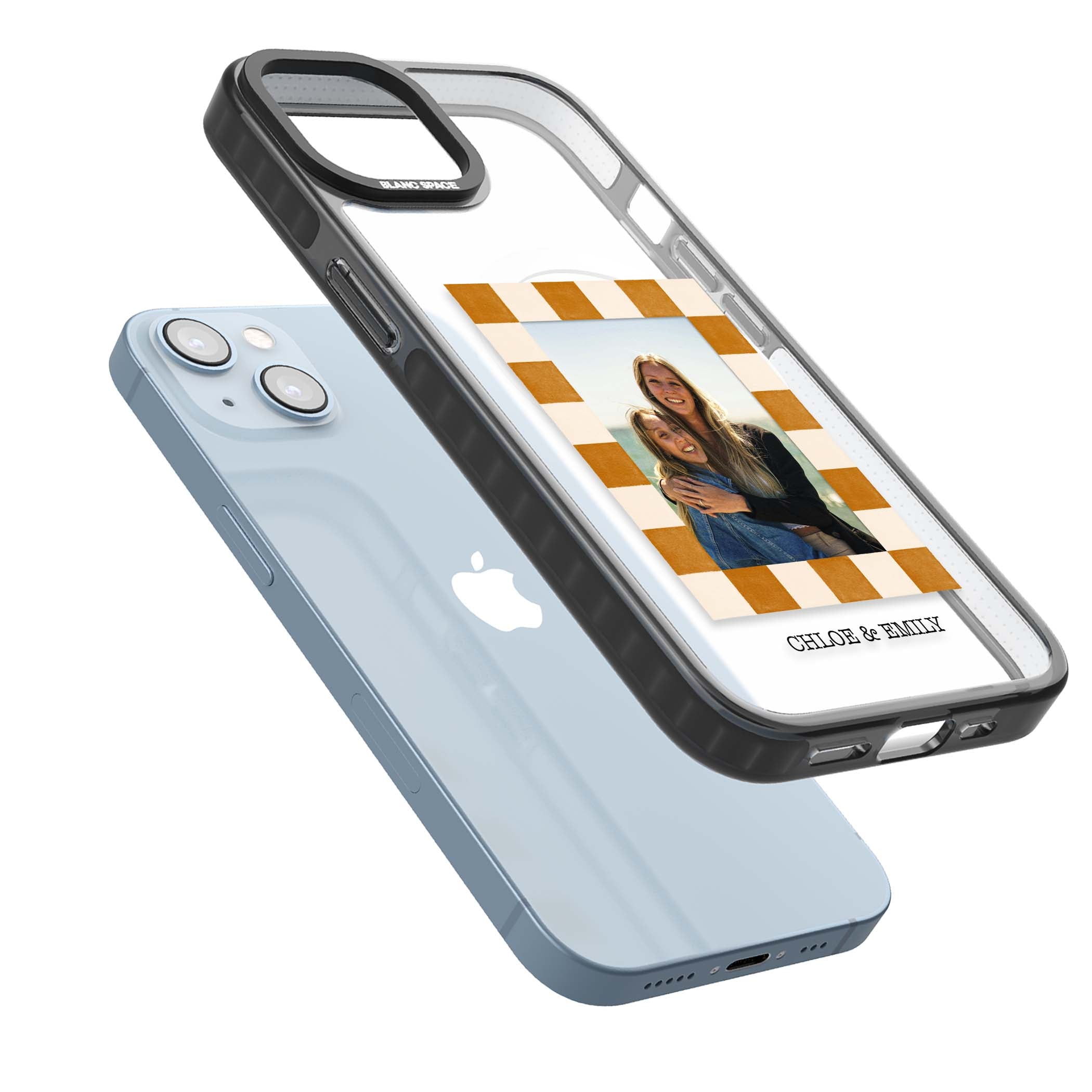 Citrus Check Photo personalised iPhone case with custom photo, orange checkered frame and names underneath | Black Impact Magsafe case for iPhone 13, iPhone 14, iPhone 15