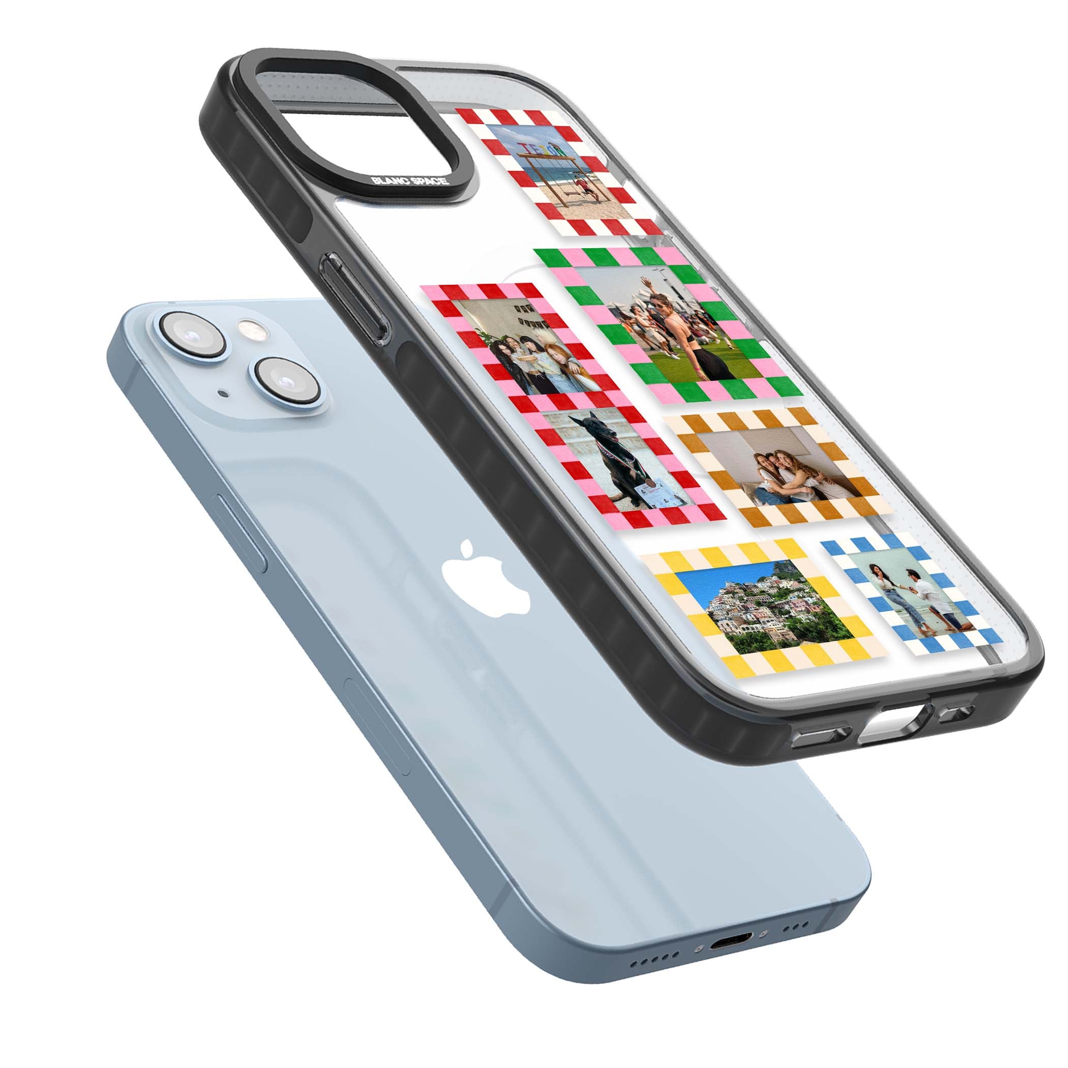 Italian Check Frames custom photo collage iPhone case featuring six checkered photo frames in red, green, pink and  | Black Impact Magsafe case for iPhone 13, iPhone 14, iPhone 15