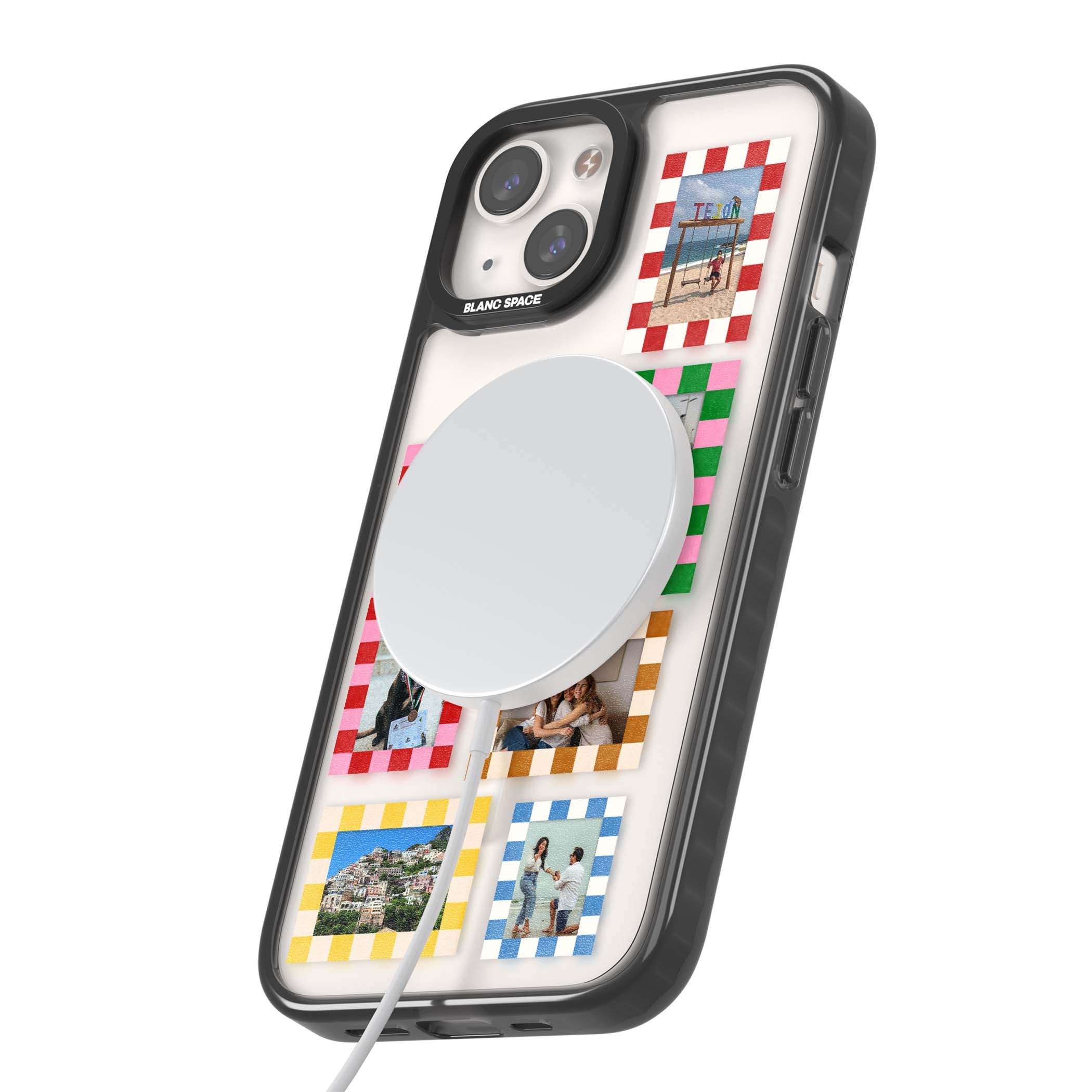 Italian Check Frames custom photo collage iPhone case featuring six checkered photo frames in red, green, pink and  | Black Impact Magsafe case for iPhone 13, iPhone 14, iPhone 15