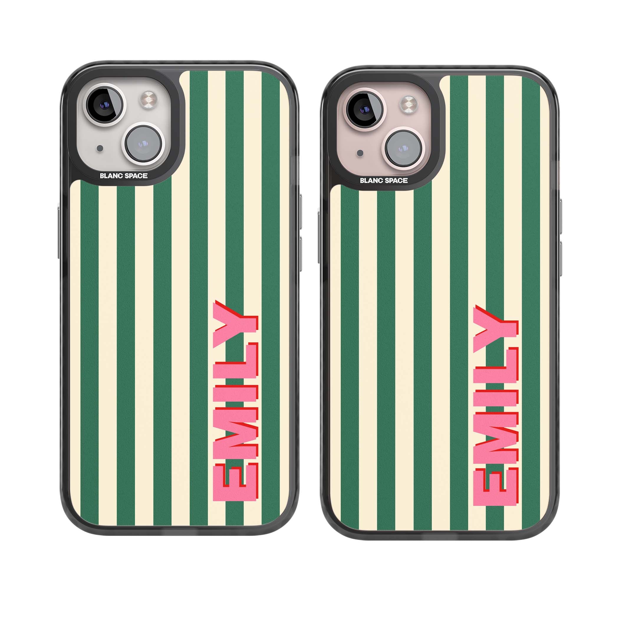 Wimbledon Stripe preppy iPhone case featuring green and cream vertical stripes with a personalised pink name | Black Impact Magsafe case for iPhone 13, iPhone 14, iPhone 15