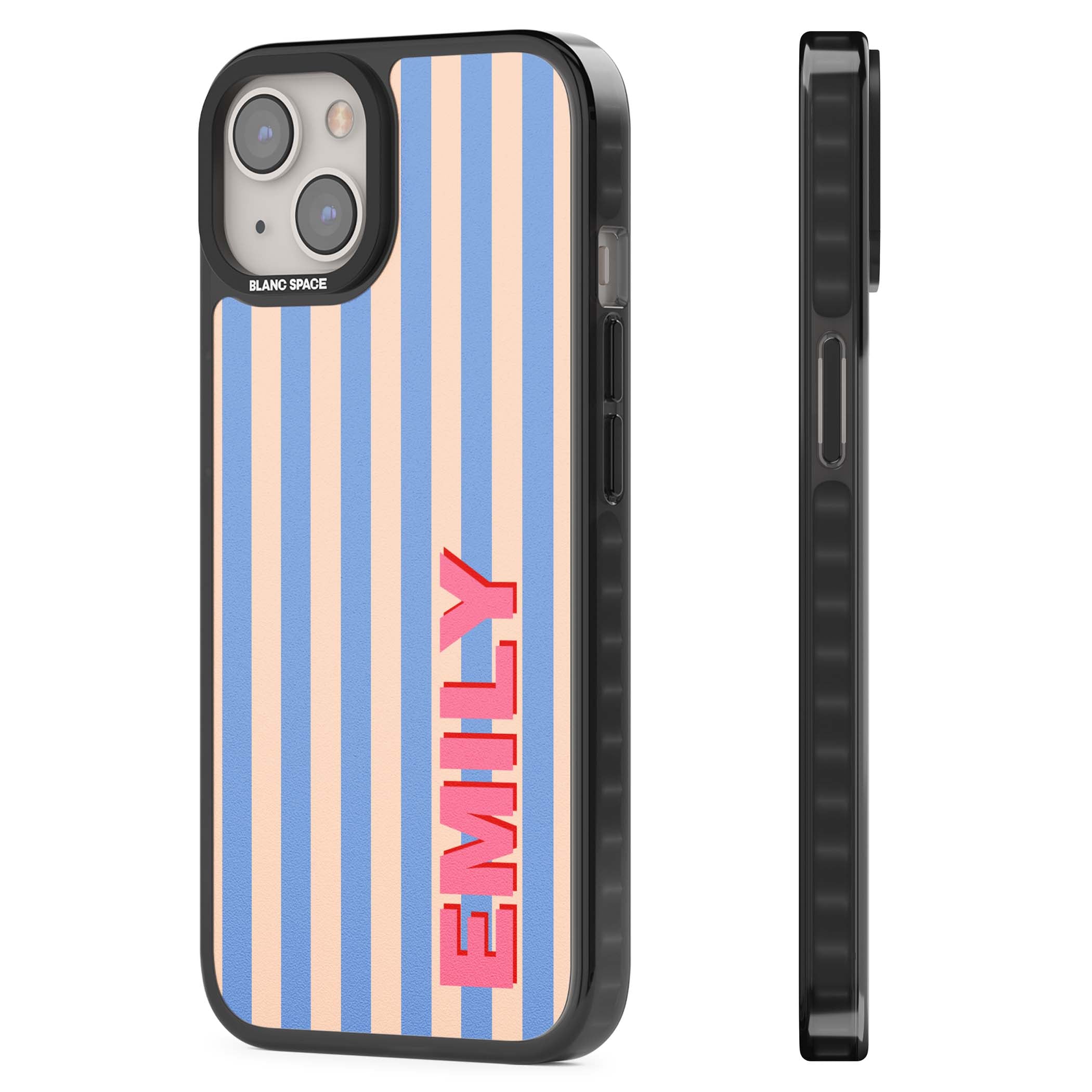 Coastal Stripe personalised coastal iPhone case with blue and peach vertical stripes and custom pink name | Black Impact Magsafe case for iPhone 13, iPhone 14, iPhone 15
