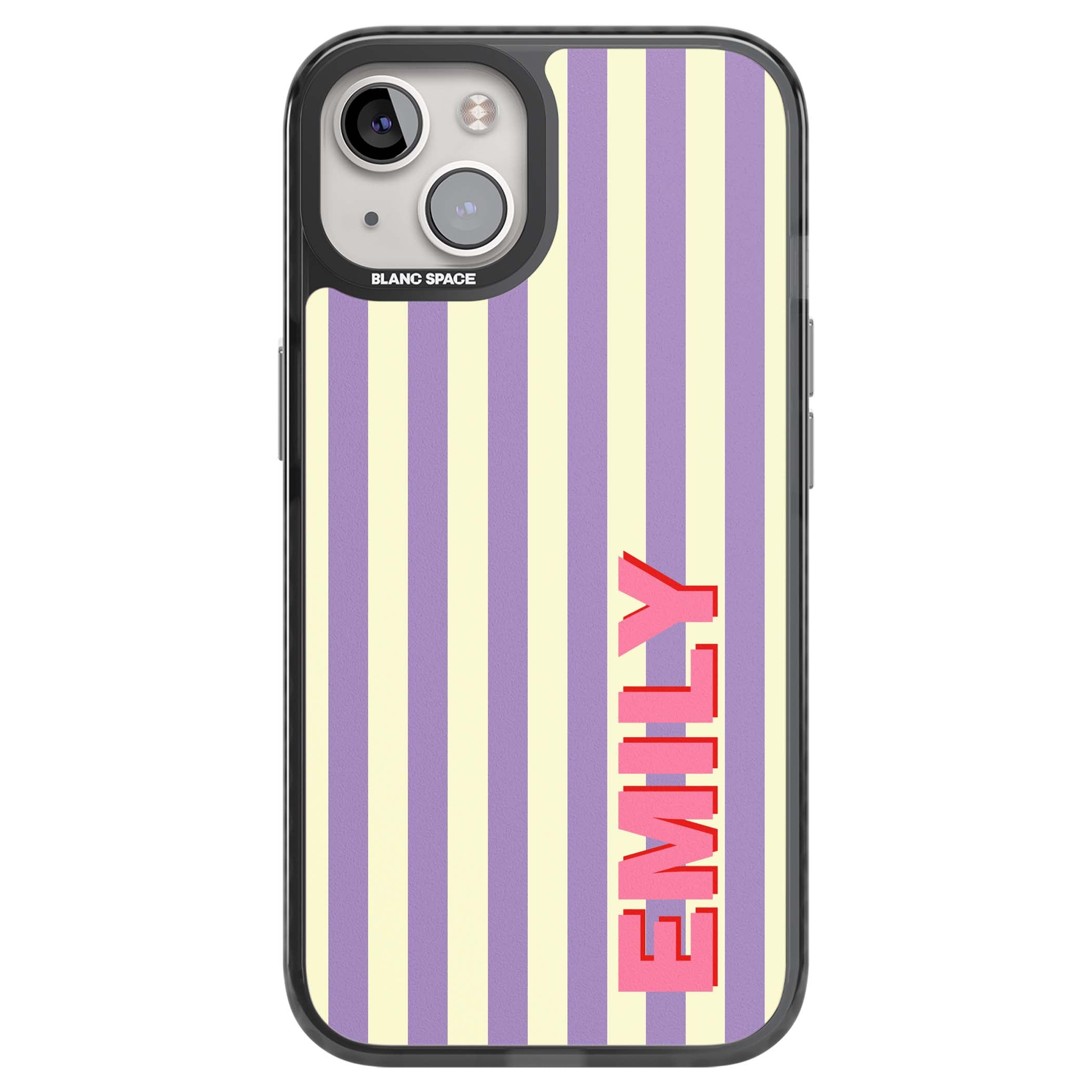 Valensole Stripe personalised iPhone case with purple and cream vertical stripes and pink custom name | Black Impact Magsafe case for iPhone 13, iPhone 14, iPhone 15