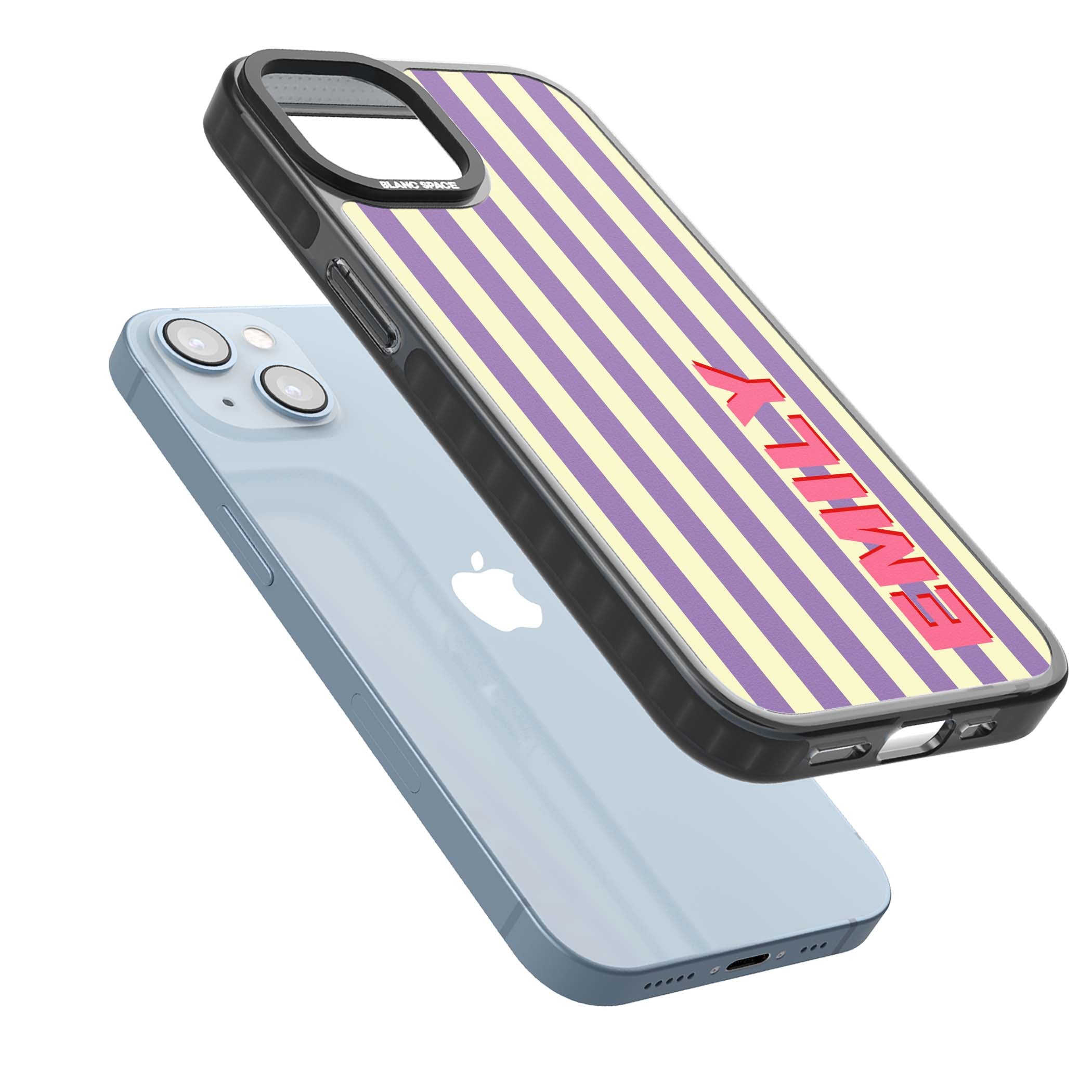 Valensole Stripe personalised iPhone case with purple and cream vertical stripes and pink custom name | Black Impact Magsafe case for iPhone 13, iPhone 14, iPhone 15