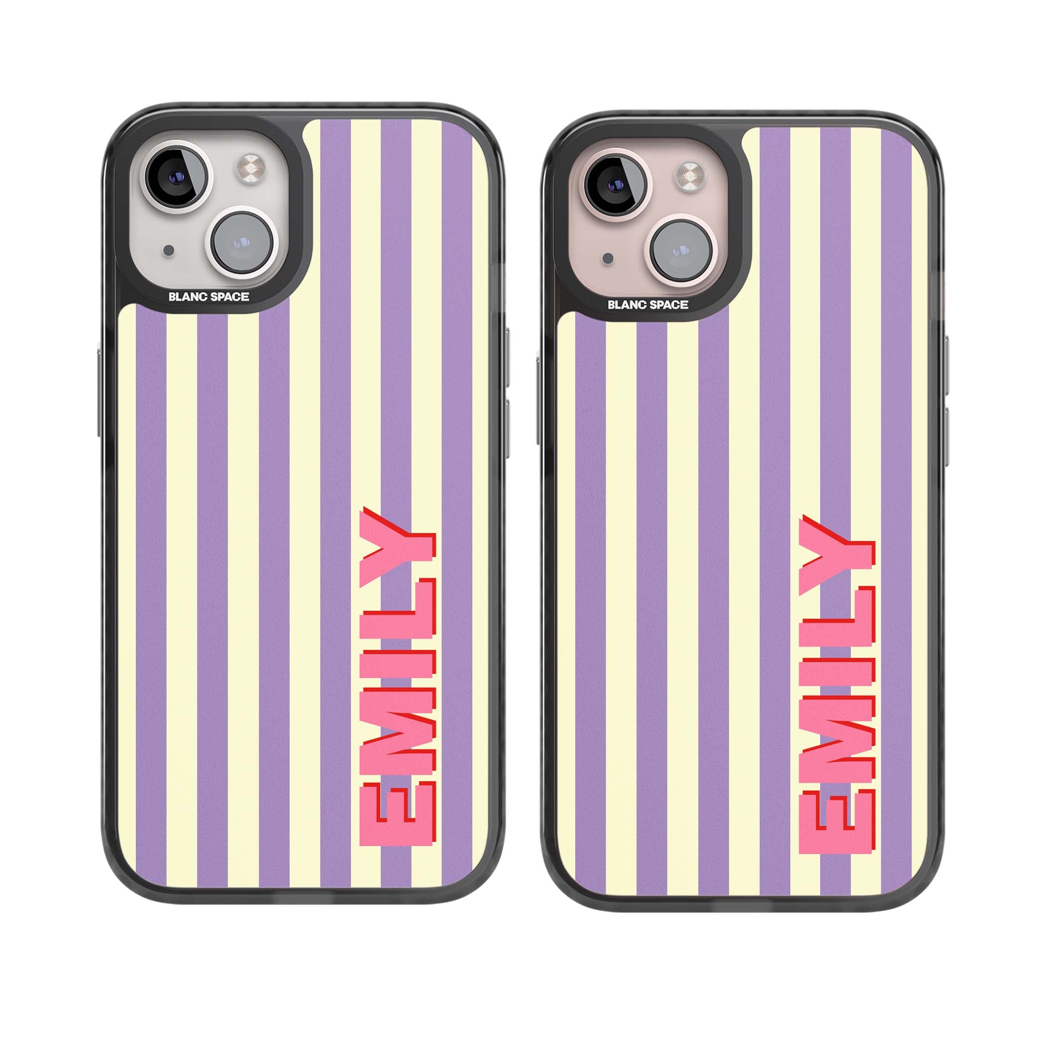 Valensole Stripe personalised iPhone case with purple and cream vertical stripes and pink custom name | Black Impact Magsafe case for iPhone 13, iPhone 14, iPhone 15