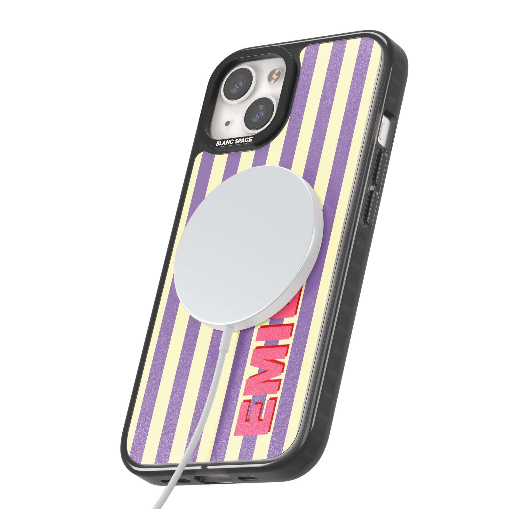 Valensole Stripe personalised iPhone case with purple and cream vertical stripes and pink custom name | Black Impact Magsafe case for iPhone 13, iPhone 14, iPhone 15
