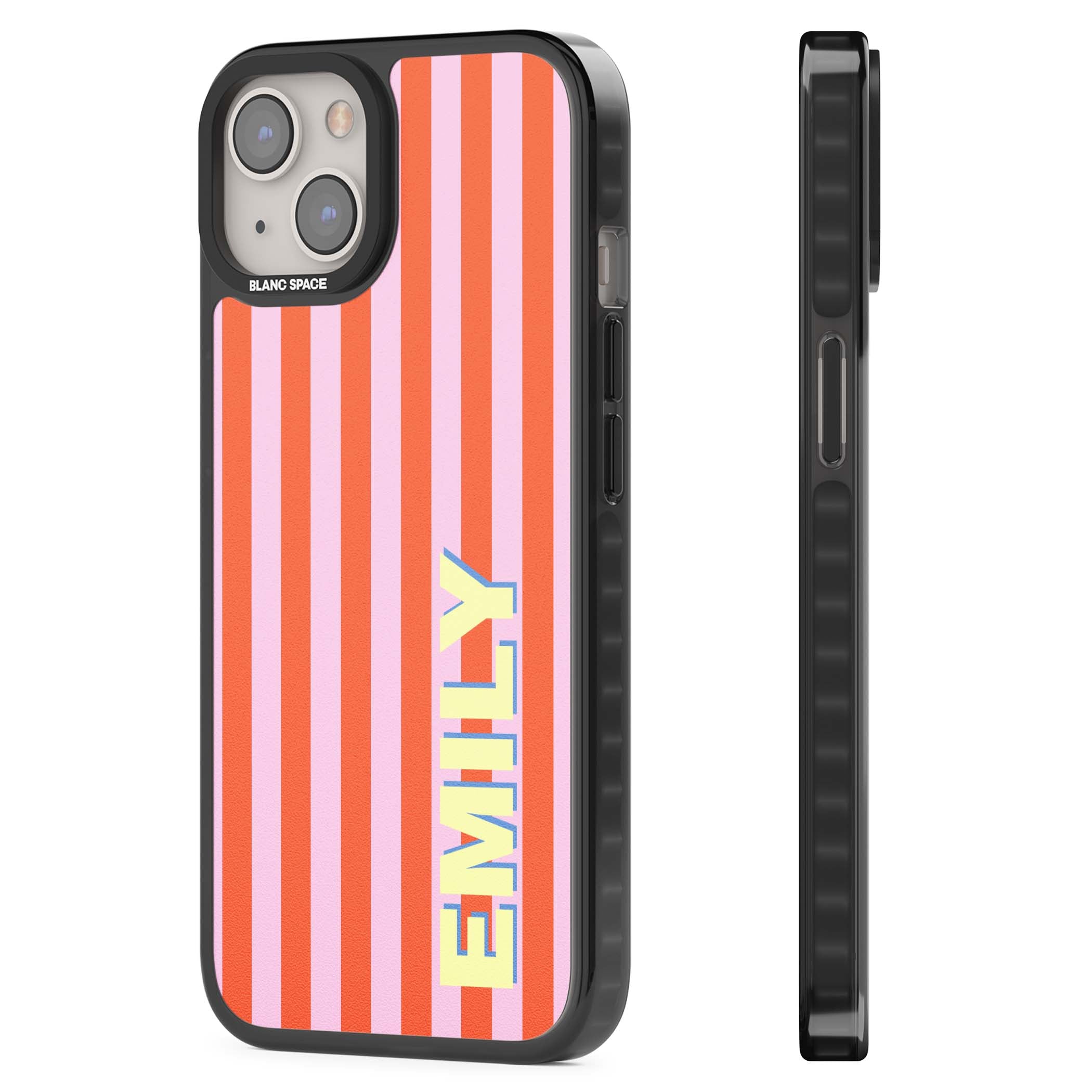 Havana Stripe personalised iPhone case featuring pink and orange vertical stripes with a custom yellow name | Black Impact Magsafe case for iPhone 13, iPhone 14, iPhone 15