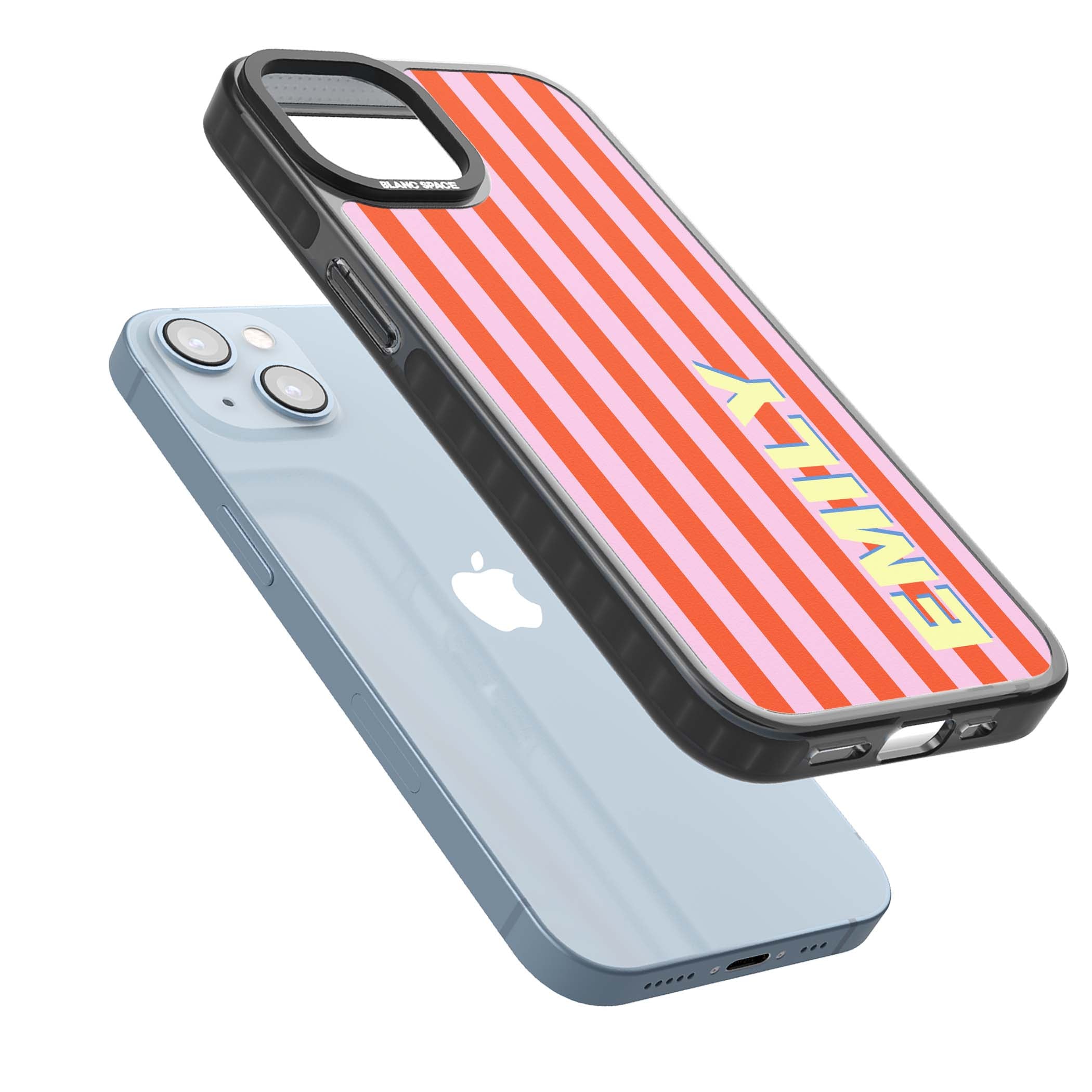 Havana Stripe personalised iPhone case featuring pink and orange vertical stripes with a custom yellow name | Black Impact Magsafe case for iPhone 13, iPhone 14, iPhone 15
