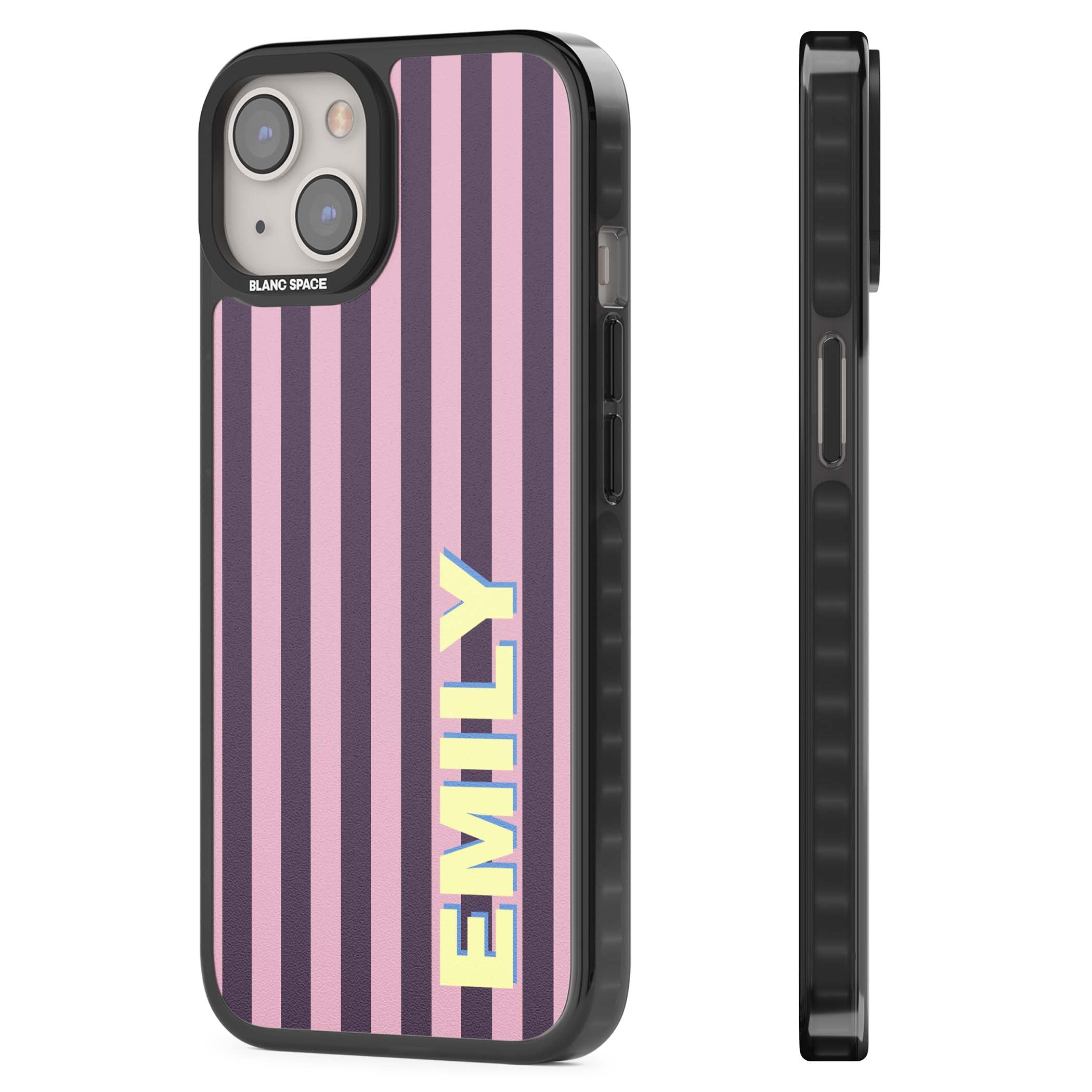 Tyre Stripe personalised stripe iPhone case with plum and pink vertical stripes and custom yellow name | Black Impact Magsafe case for iPhone 13, iPhone 14, iPhone 15