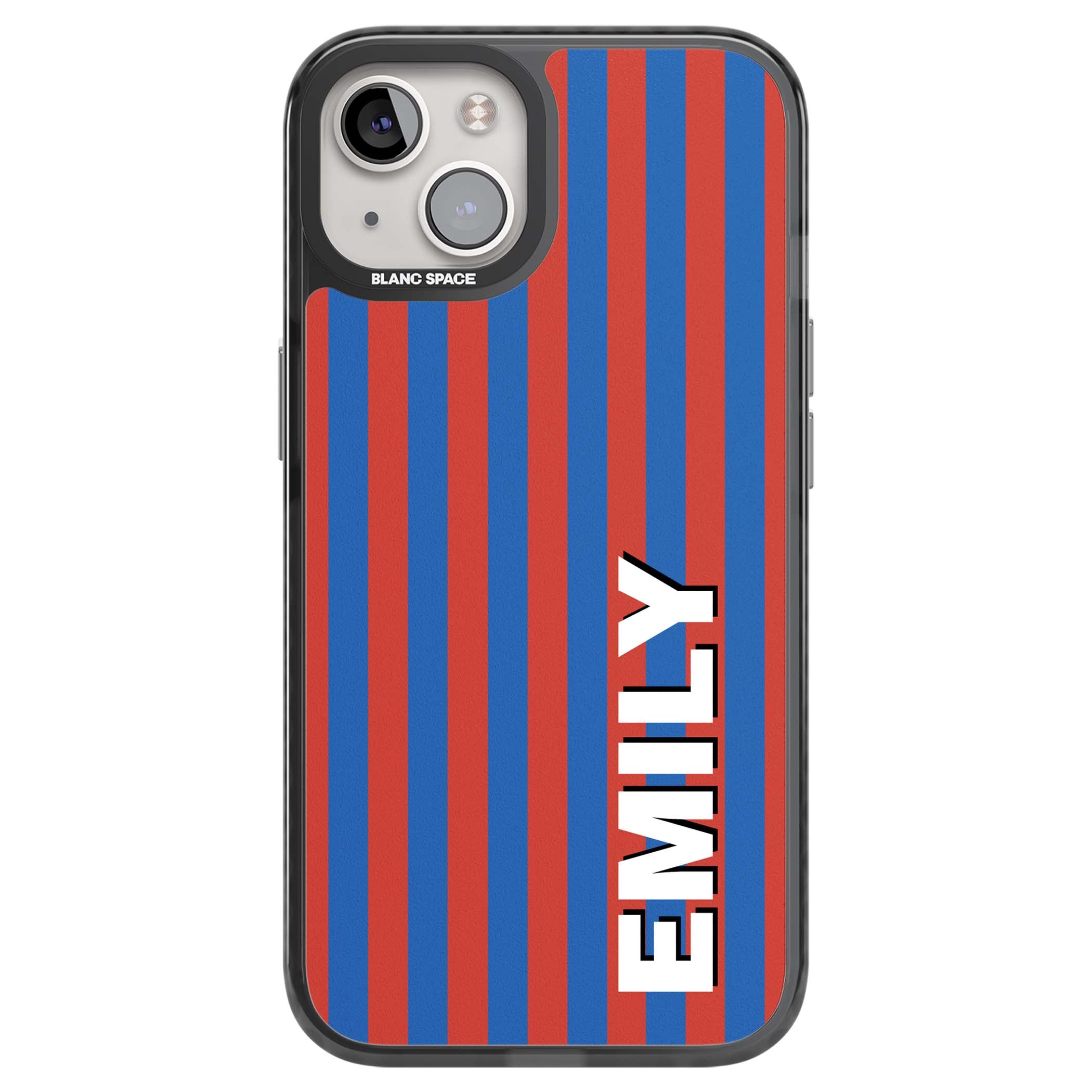 Cuban Stripe personalised iPhone case featuring red and blue vertical stripes with custom name in bold white letters | Black Impact Magsafe case for iPhone 13, iPhone 14, iPhone 15