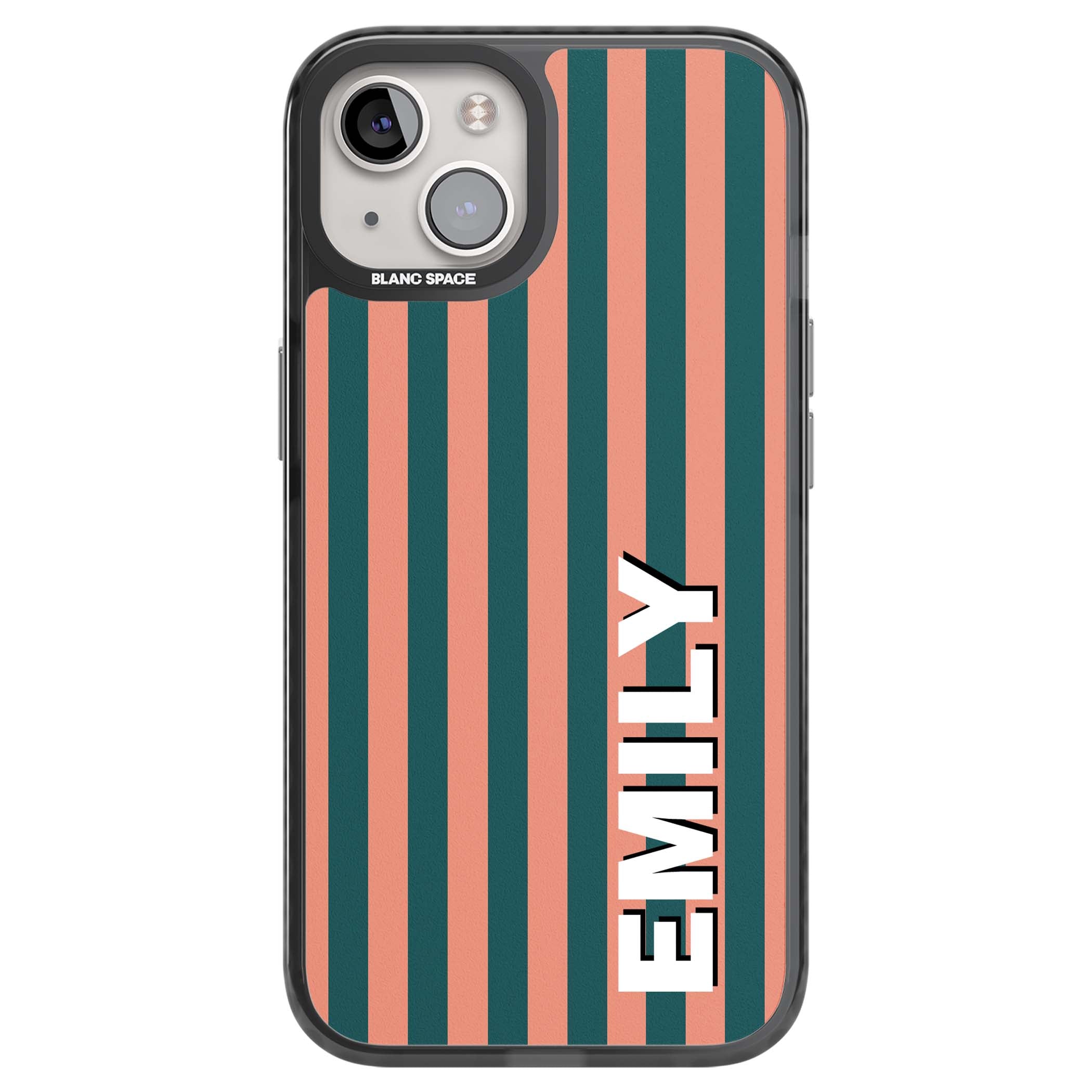 Tuscan Stripe personalised iPhone case featuring coral and green vertical stripes with bold custom name | Black Impact Magsafe case for iPhone 13, iPhone 14, iPhone 15