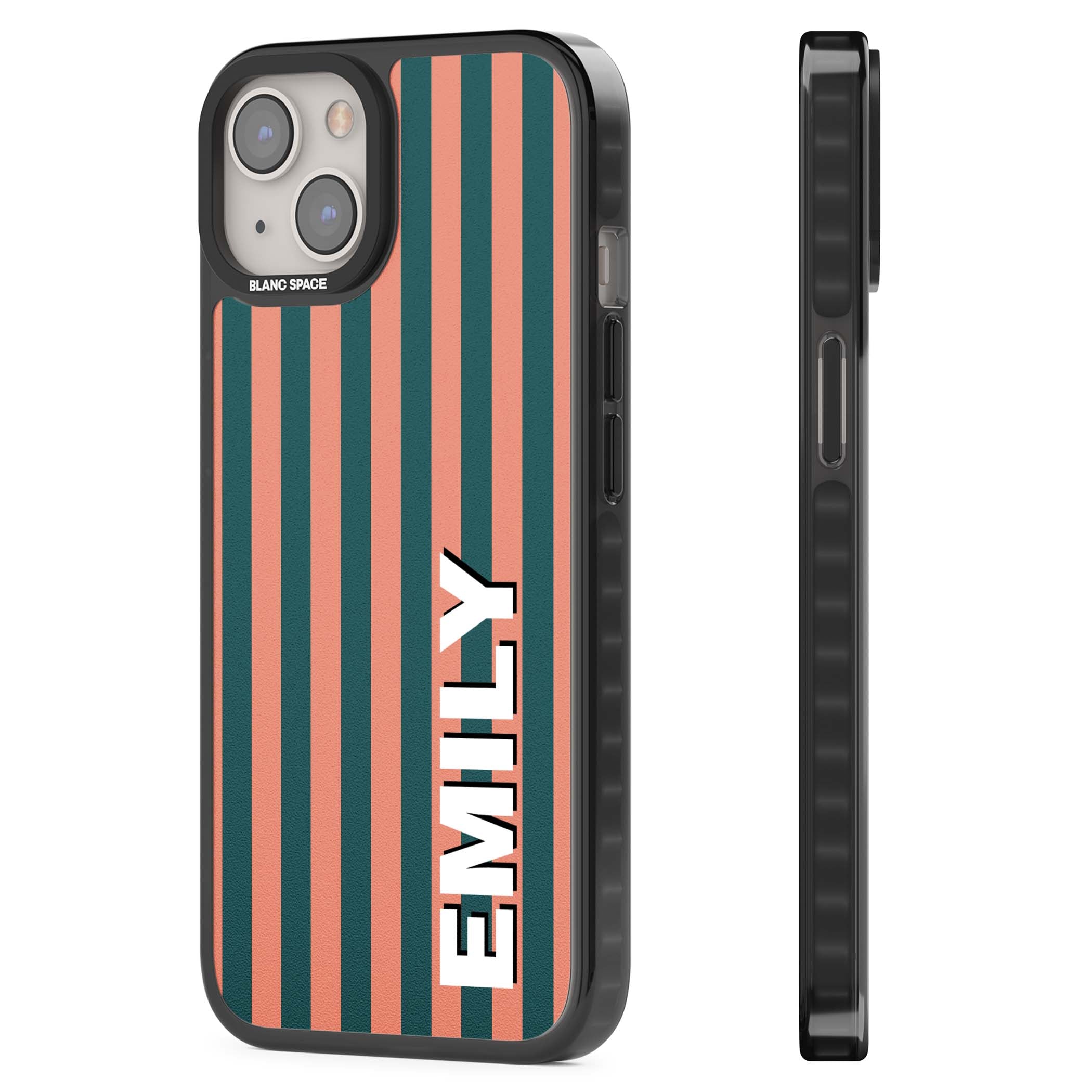 Tuscan Stripe personalised iPhone case featuring coral and green vertical stripes with bold custom name | Black Impact Magsafe case for iPhone 13, iPhone 14, iPhone 15
