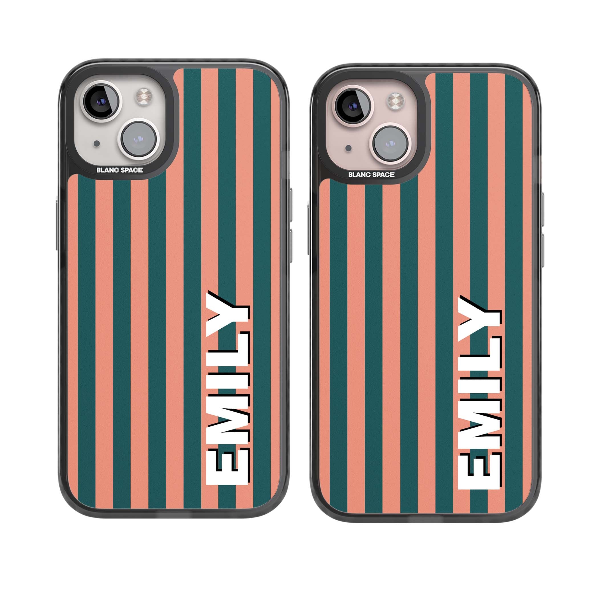 Tuscan Stripe personalised iPhone case featuring coral and green vertical stripes with bold custom name | Black Impact Magsafe case for iPhone 13, iPhone 14, iPhone 15