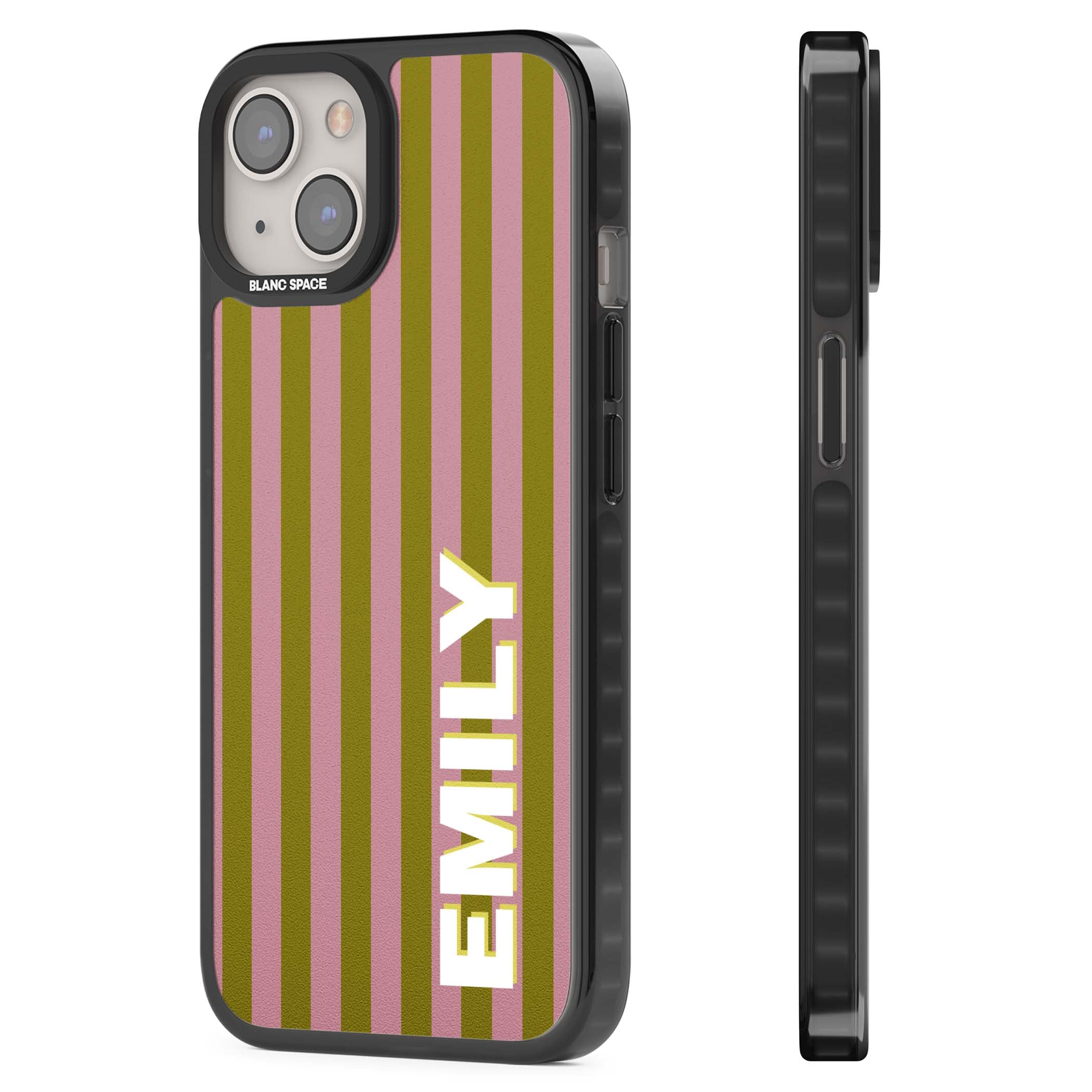 Istanbul Stripe personalised iPhone case featuring pink and olive green vertical stripes with a custom vertical name | Black Impact Magsafe case for iPhone 13, iPhone 14, iPhone 15