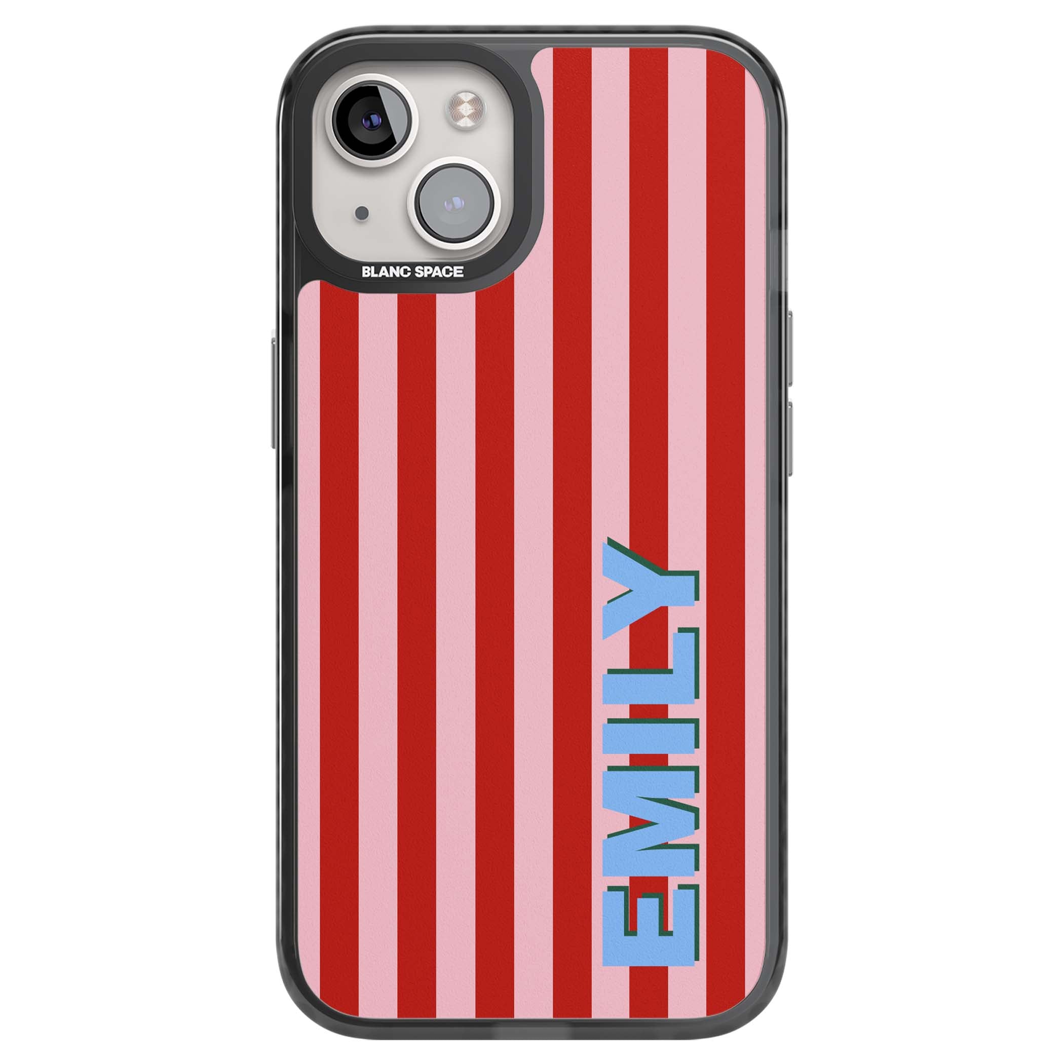 Market Stripe personalised iPhone case with red and pink vertical stripes and custom blue name | Black Impact Magsafe case for iPhone 13, iPhone 14, iPhone 15