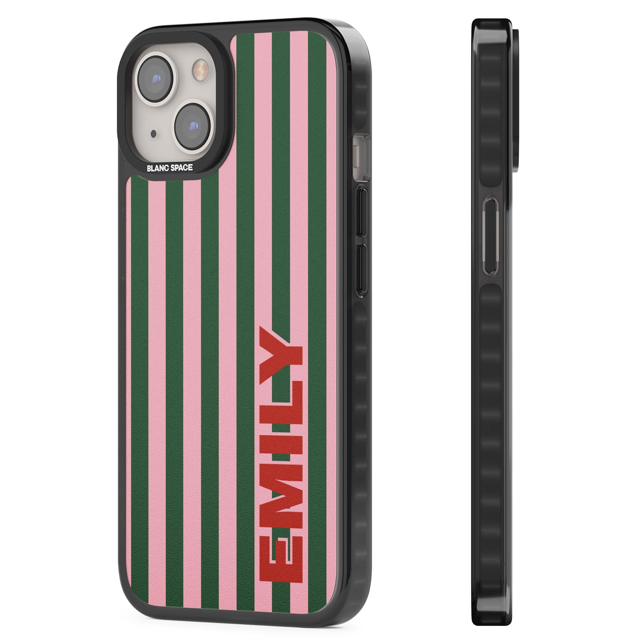Italian Stripe preppy iPhone case featuring pink and green vertical stripes with personalised red name | Black Impact Magsafe case for iPhone 13, iPhone 14, iPhone 15