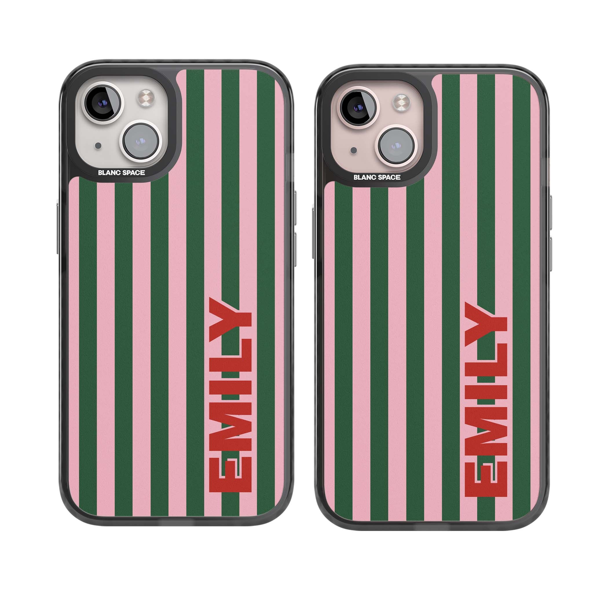Italian Stripe preppy iPhone case featuring pink and green vertical stripes with personalised red name | Black Impact Magsafe case for iPhone 13, iPhone 14, iPhone 15