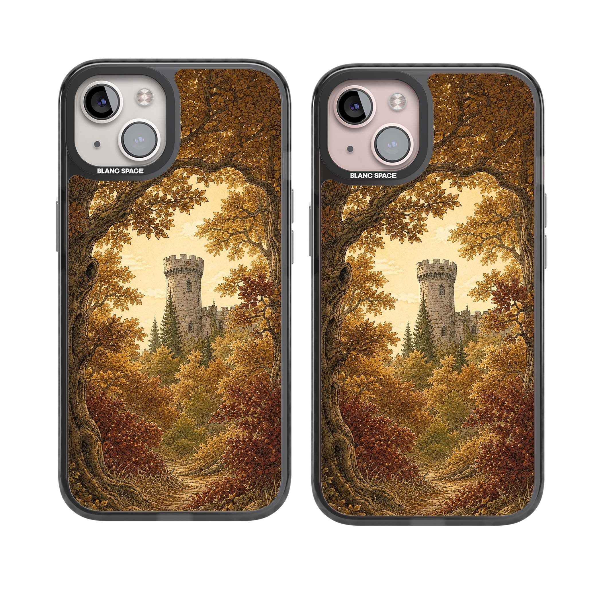 Autumn Keep cottagecore iPhone case featuring a medieval castle tower framed by golden autumn trees and woodland foliage | Black Impact Magsafe case for iPhone 13, iPhone 14, iPhone 15