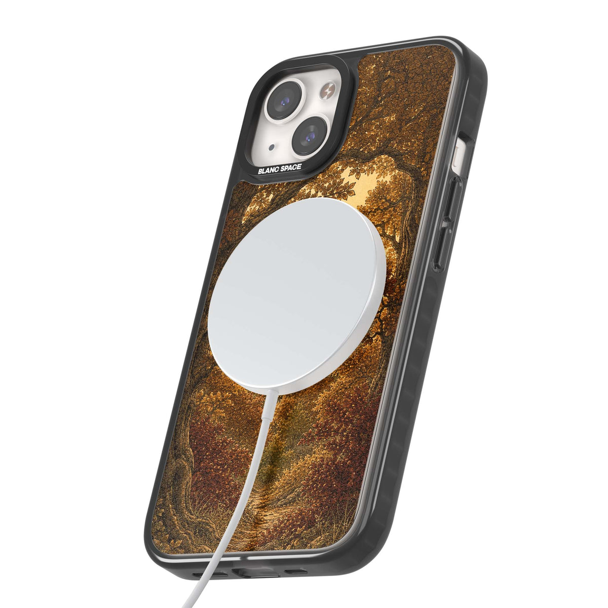 Autumn Keep cottagecore iPhone case featuring a medieval castle tower framed by golden autumn trees and woodland foliage | Black Impact Magsafe case for iPhone 13, iPhone 14, iPhone 15