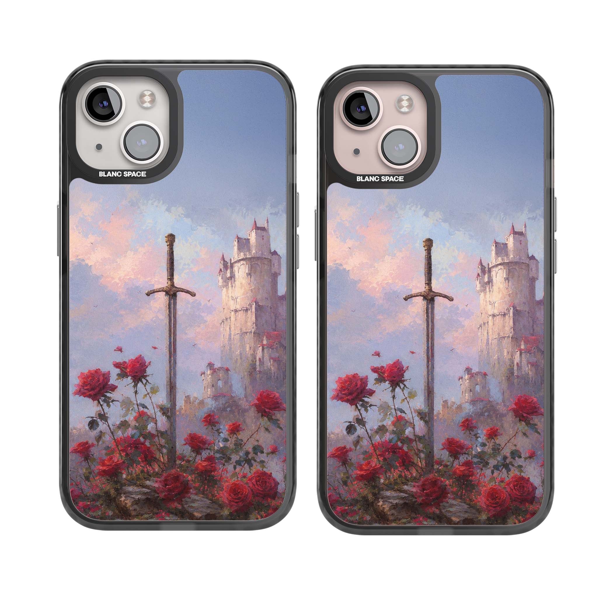 Sword in Roses medieval art iPhone case featuring a sword, red roses, and a misty fairytale castle at sunset | Black Impact Magsafe case for iPhone 13, iPhone 14, iPhone 15