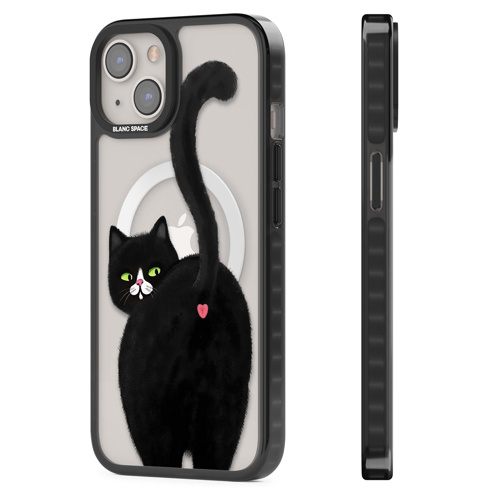 The Cat's Kiss cute cat iPhone case featuring a hand-painted tuxedo kitty with green eyes and a pink heart on a clear  | Black Impact Magsafe case for iPhone 13, iPhone 14, iPhone 15