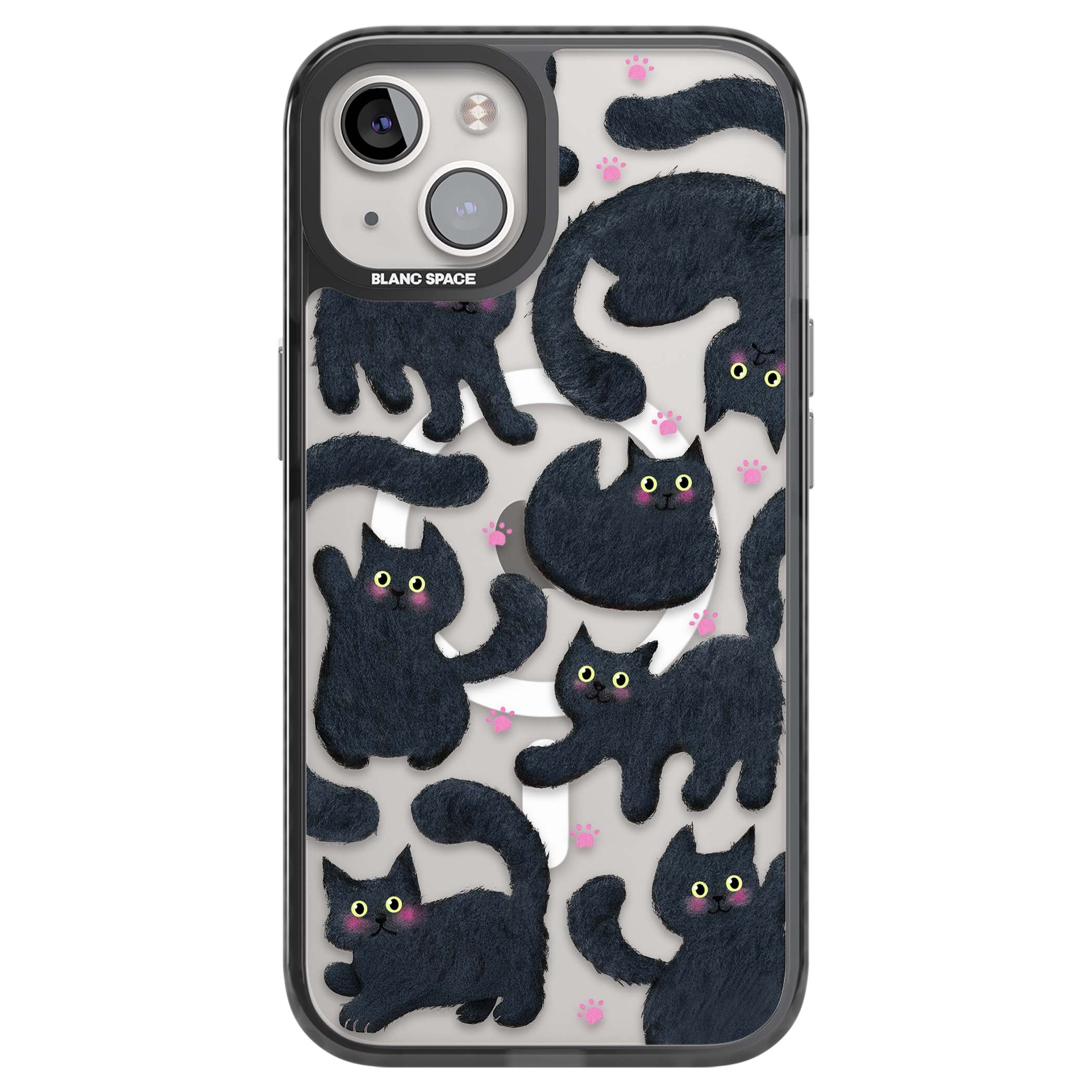 Midnight Cats cute iPhone case featuring black cat pattern with yellow eyes and pink paw prints | Black Impact Magsafe case for iPhone 13, iPhone 14, iPhone 15